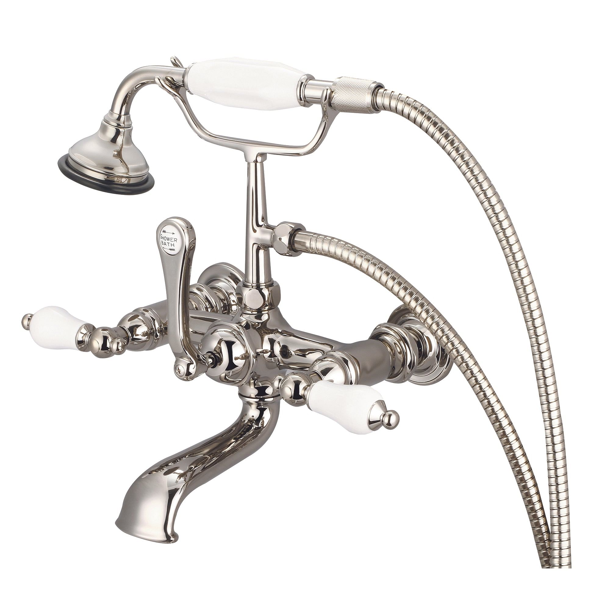 Vintage Classic 7 Inch Spread Wall Mount Tub Faucet With Straight Wall Connector & Handheld Shower in Polished Nickel (PVD) Finish With Porcelain Lever Handles Without labels