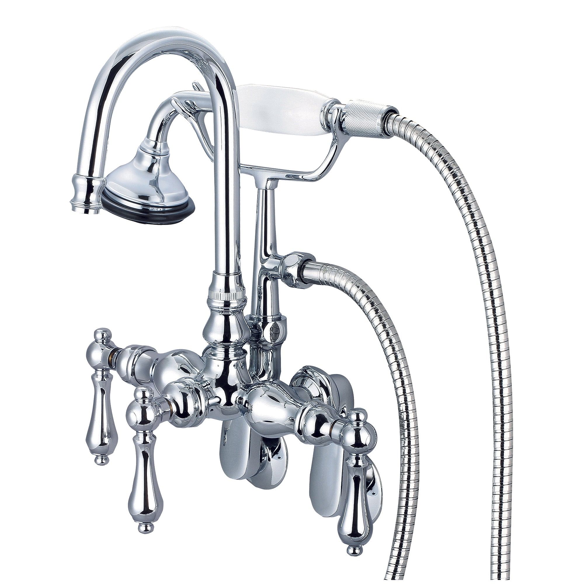 Vintage Classic Adjustable Spread Wall Mount Tub Faucet With Gooseneck Spout, Swivel Wall Connector & Handheld Shower in Chrome Finish With Metal Lever Handles Without Labels