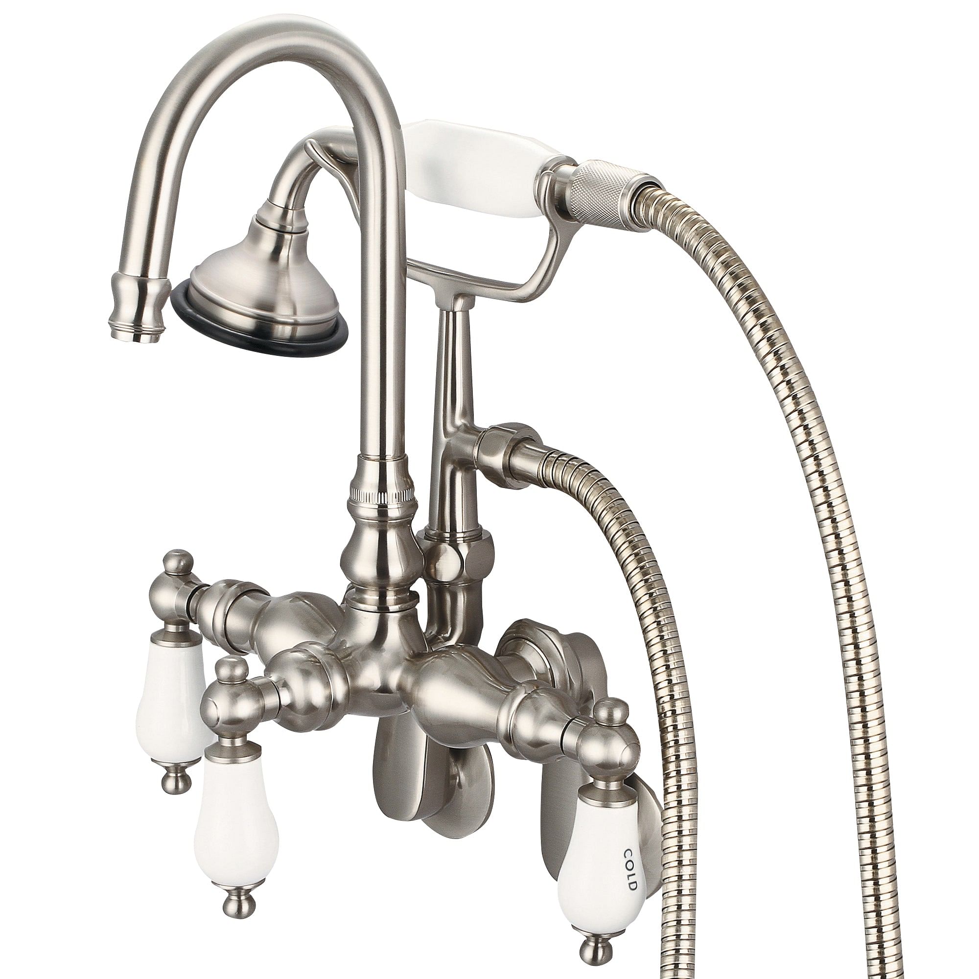 Vintage Classic Adjustable Spread Wall Mount Tub Faucet With Gooseneck Spout, Swivel Wall Connector & Handheld Shower in Brushed Nickel Finish With Porcelain Lever Handles, Hot And Cold Labels Included