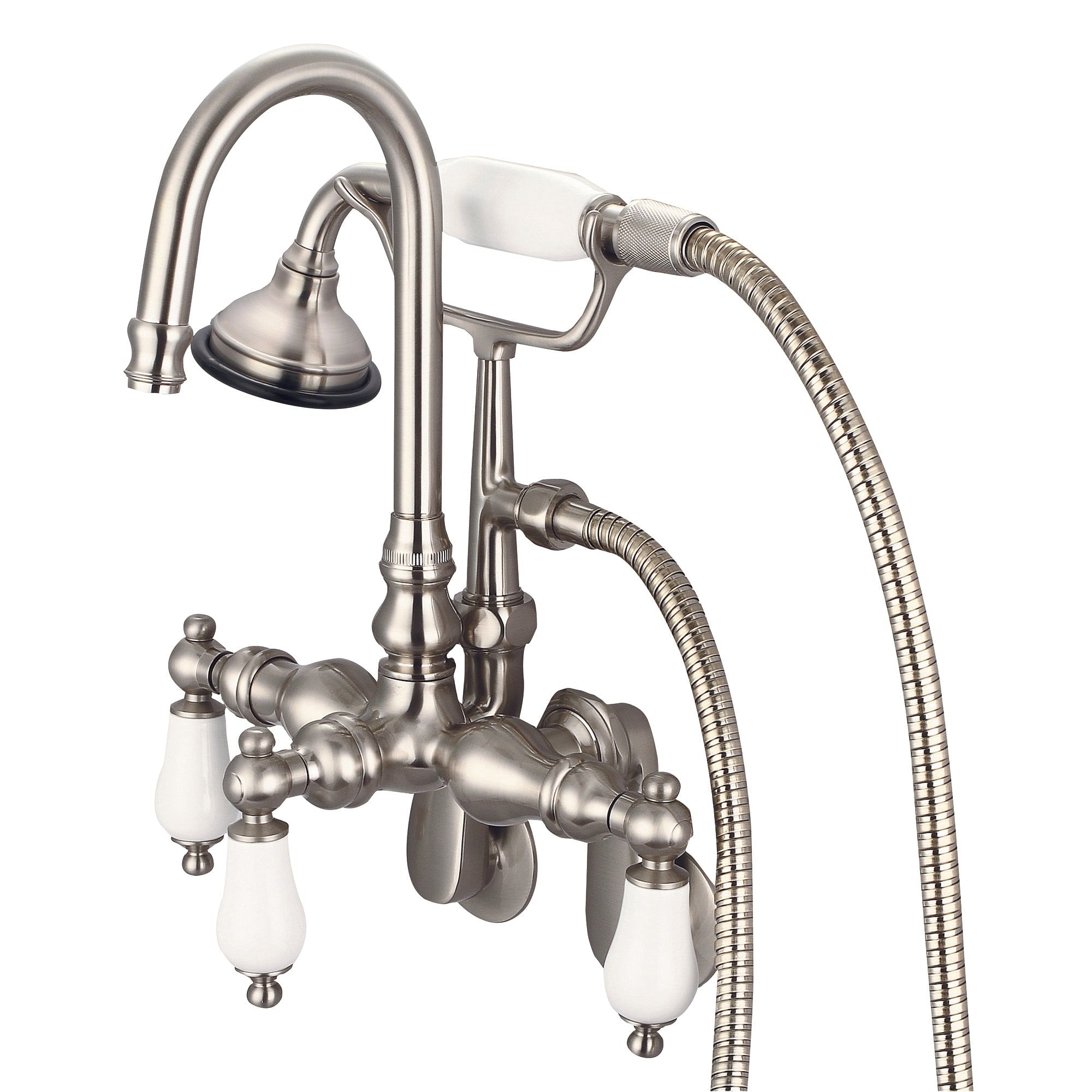 Vintage Classic Adjustable Spread Wall Mount Tub Faucet With Gooseneck Spout, Swivel Wall Connector & Handheld Shower in Brushed Nickel Finish With Porcelain Lever Handles Without labels