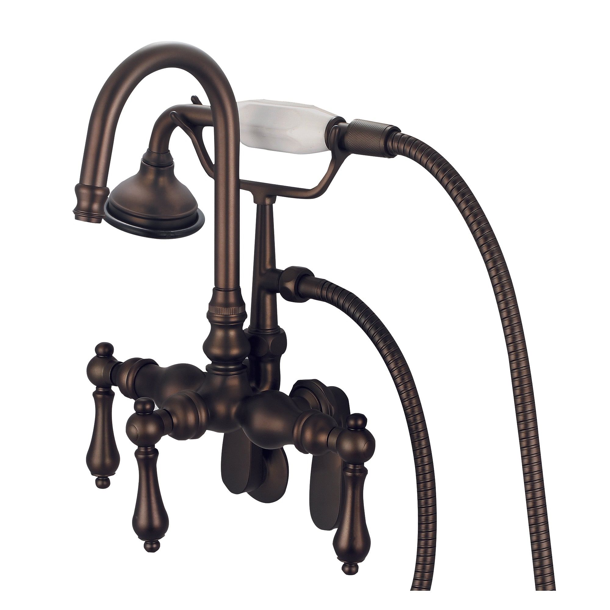 Vintage Classic Adjustable Spread Wall Mount Tub Faucet With Gooseneck Spout, Swivel Wall Connector & Handheld Shower in Oil-rubbed Bronze Finish Finish With Metal Lever Handles Without Labels