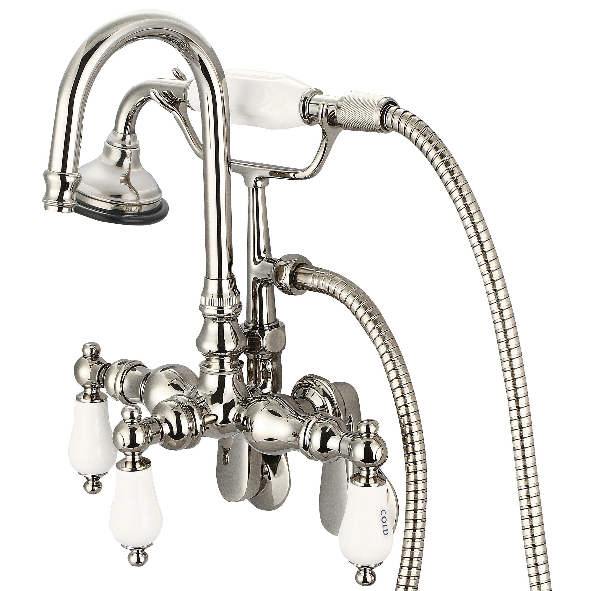 Vintage Classic Adjustable Spread Wall Mount Tub Faucet With Gooseneck Spout, Swivel Wall Connector & Handheld Shower in Polished Nickel (PVD) Finish With Porcelain Lever Handles, Hot And Cold Labels Included