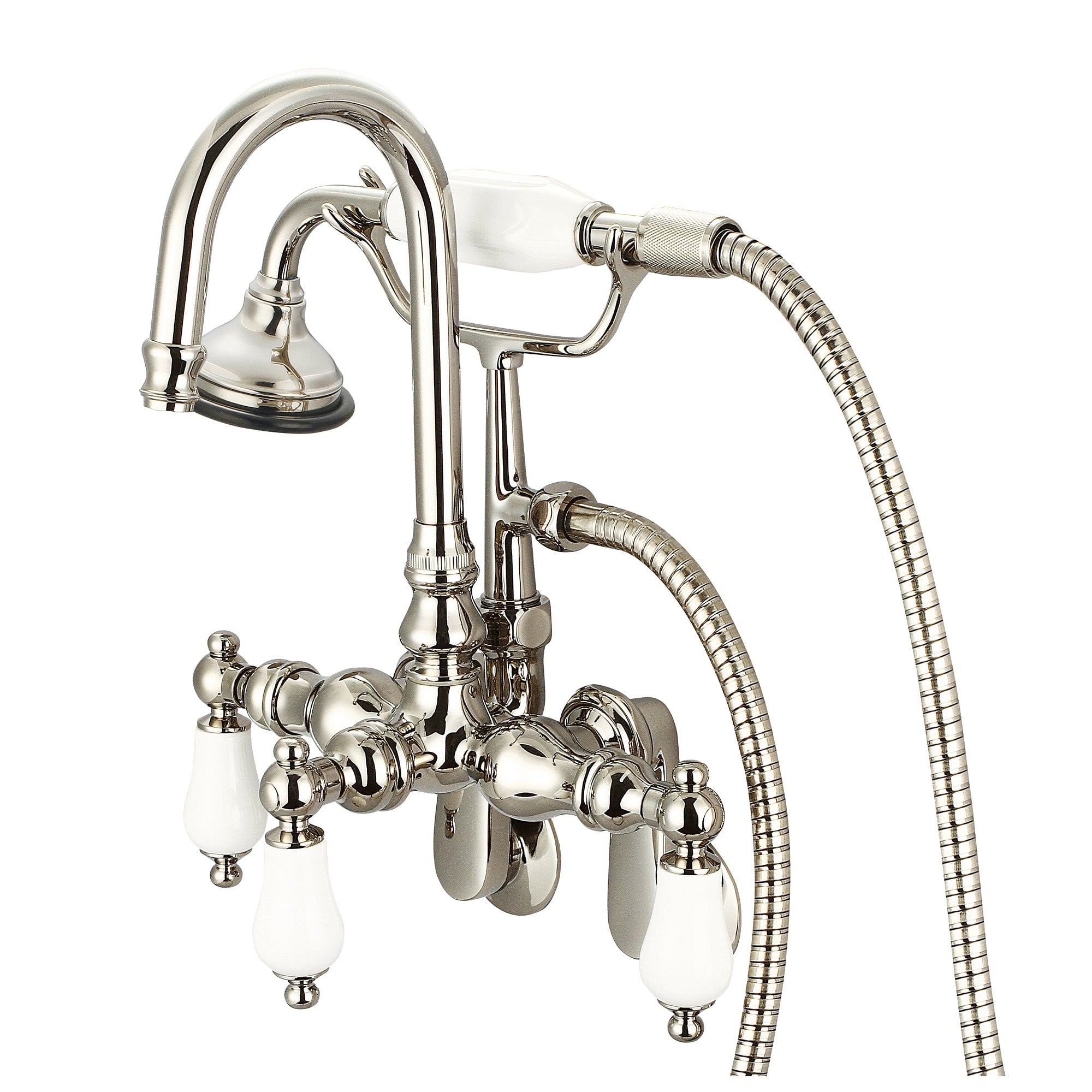 Vintage Classic Adjustable Spread Wall Mount Tub Faucet With Gooseneck Spout, Swivel Wall Connector & Handheld Shower in Polished Nickel (PVD) Finish With Porcelain Lever Handles Without labels