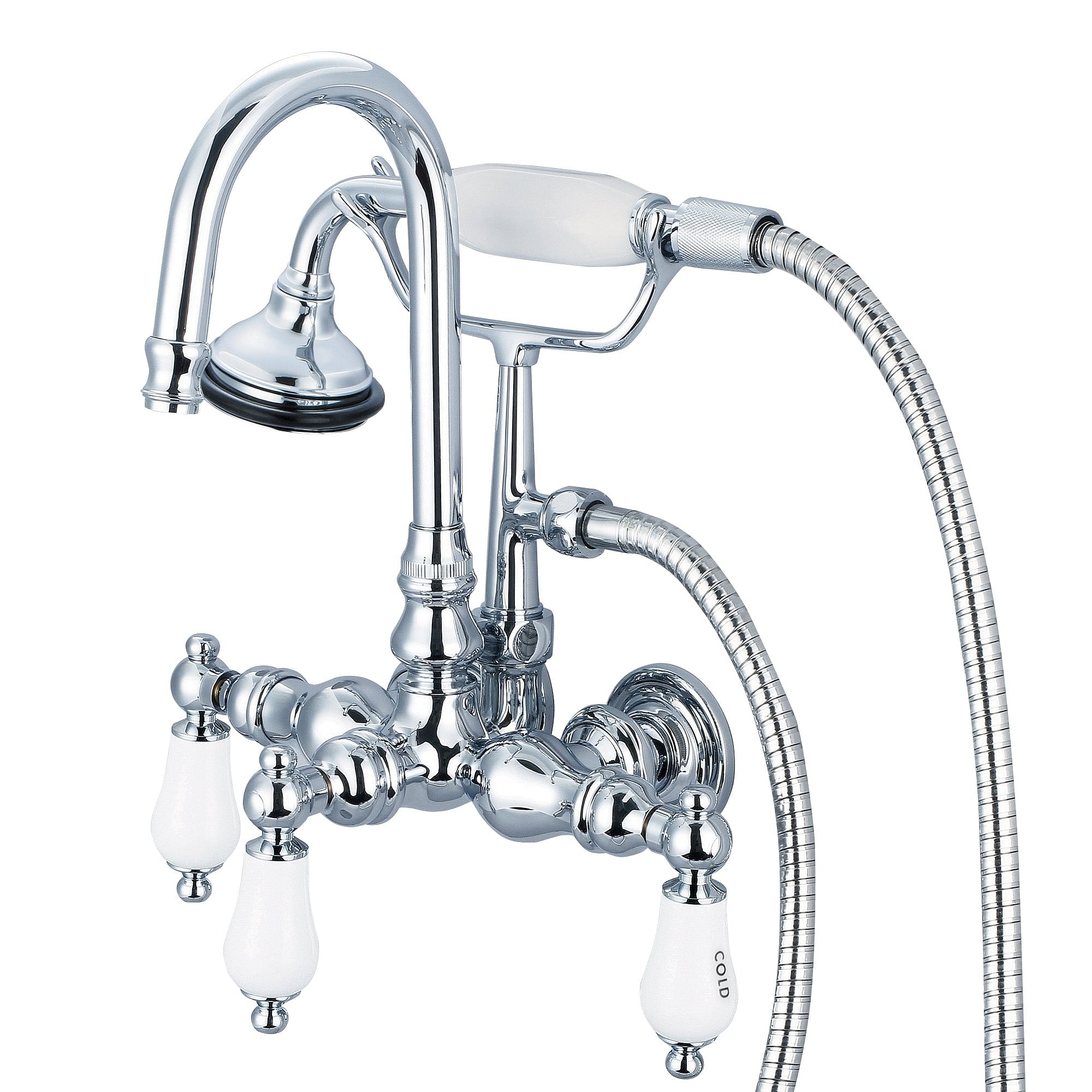 Vintage Classic 3.375 Inch Center Wall Mount Tub Faucet With Gooseneck Spout, Straight Wall Connector & Handheld Shower in Chrome Finish With Porcelain Lever Handles, Hot And Cold Labels Included