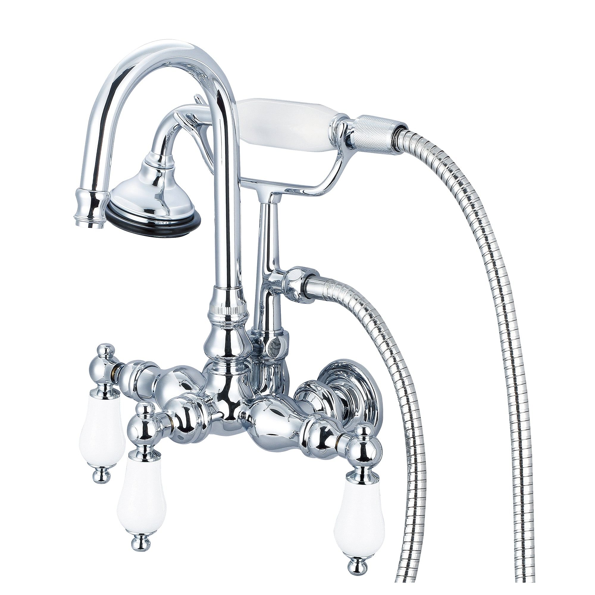 Vintage Classic 3.375 Inch Center Wall Mount Tub Faucet With Gooseneck Spout, Straight Wall Connector & Handheld Shower in Chrome Finish With Porcelain Lever Handles Without labels