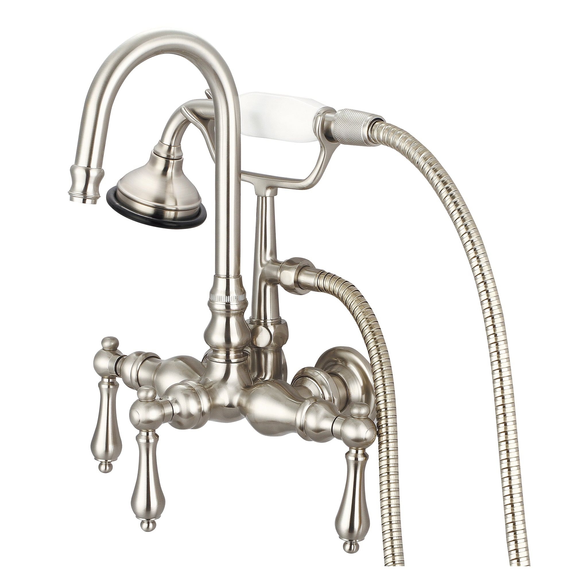 Vintage Classic 3.375 Inch Center Wall Mount Tub Faucet With Gooseneck Spout, Straight Wall Connector & Handheld Shower in Brushed Nickel Finish With Metal Lever Handles Without Labels
