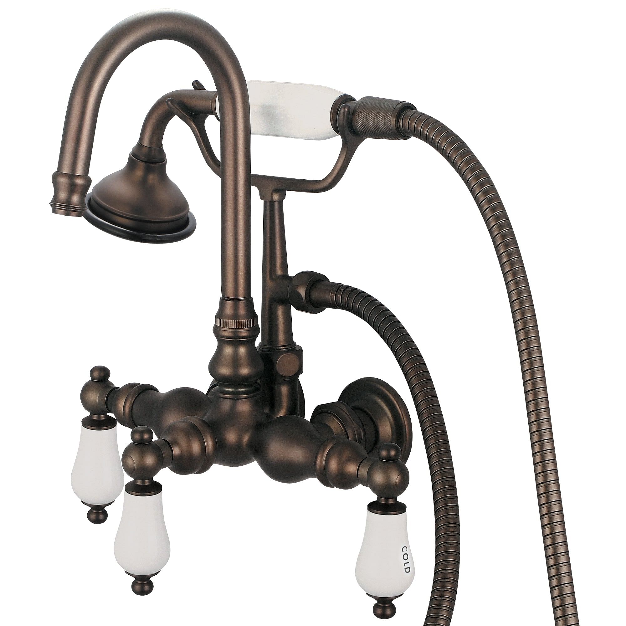 Vintage Classic 3.375 Inch Center Wall Mount Tub Faucet With Gooseneck Spout, Straight Wall Connector & Handheld Shower in Oil-rubbed Bronze Finish Finish With Porcelain Lever Handles, Hot And Cold Labels Included