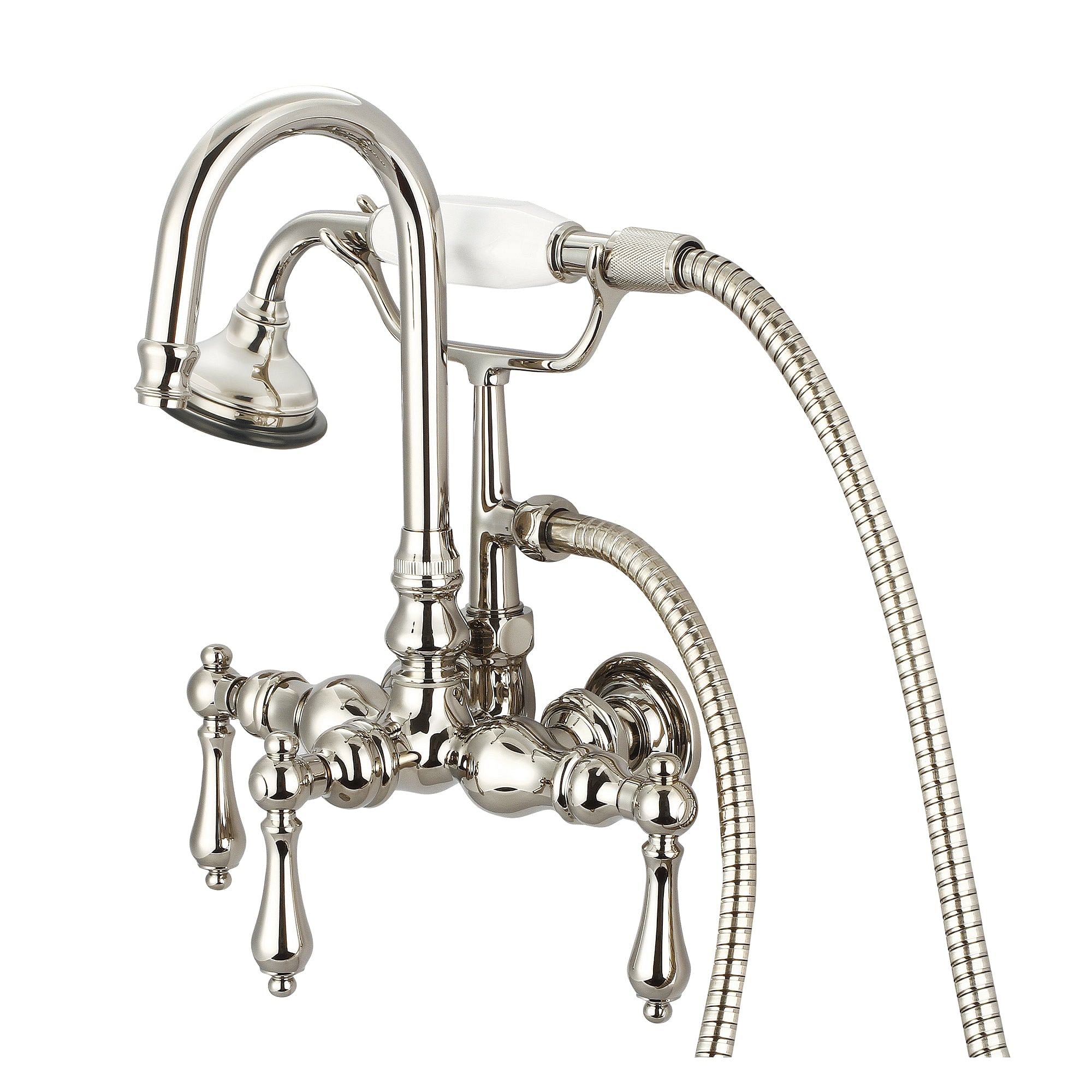 Vintage Classic 3.375 Inch Center Wall Mount Tub Faucet With Gooseneck Spout, Straight Wall Connector & Handheld Shower in Polished Nickel (PVD) Finish With Metal Lever Handles Without Labels