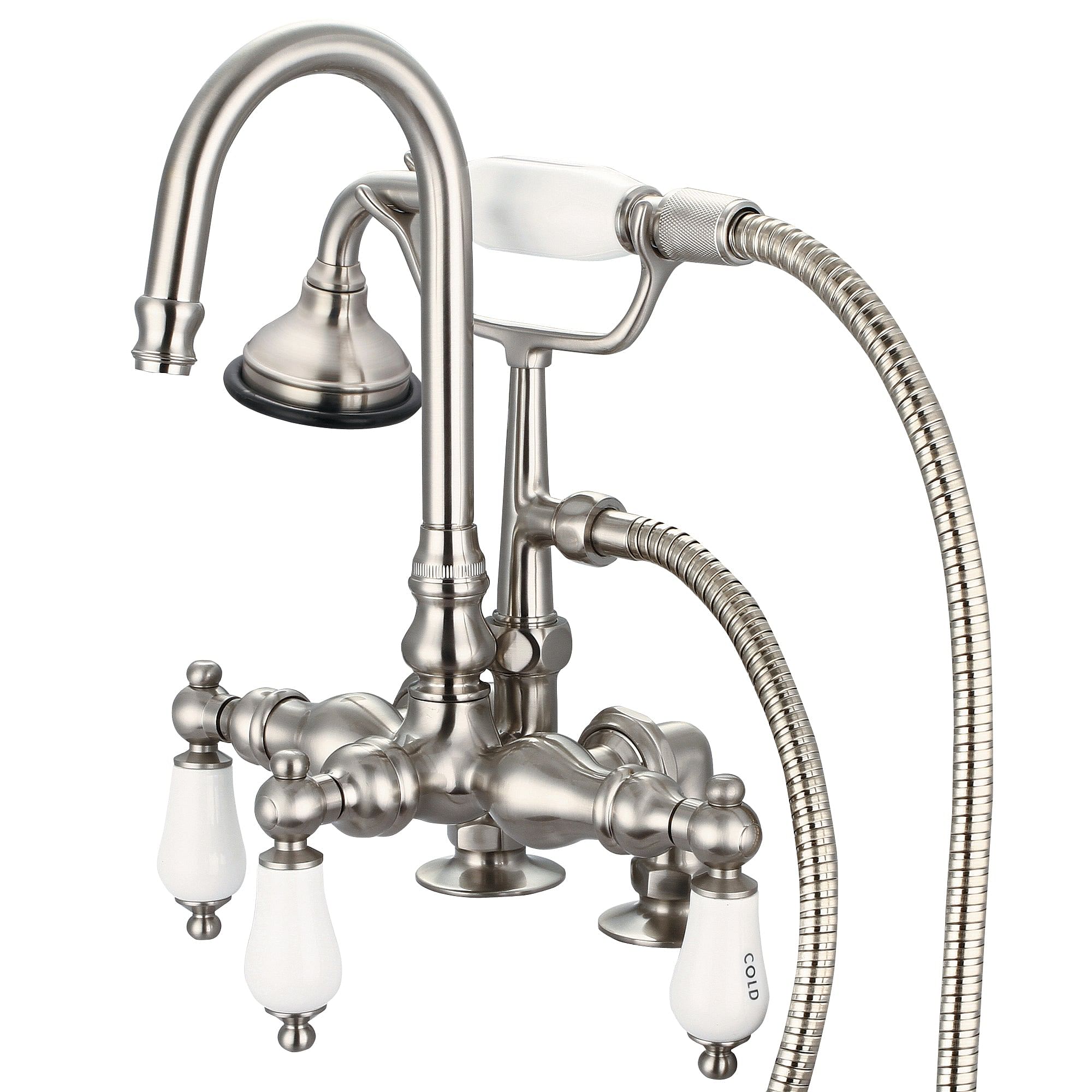 Vintage Classic 3.375 Inch Center Deck Mount Tub Faucet With Gooseneck Spout, 2 Inch Risers & Handheld Shower in Brushed Nickel Finish With Porcelain Lever Handles, Hot And Cold Labels Included