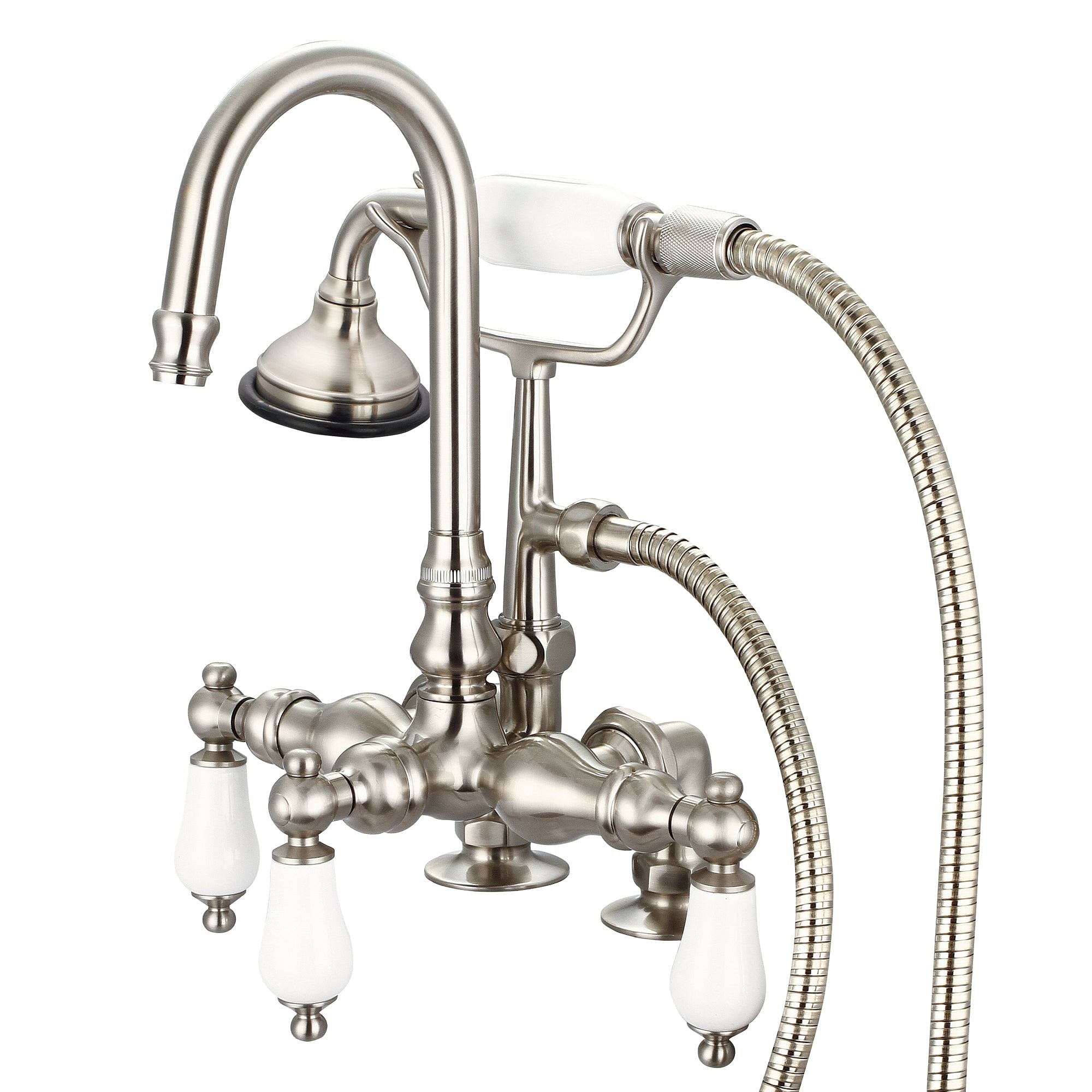 Vintage Classic 3.375 Inch Center Deck Mount Tub Faucet With Gooseneck Spout, 2 Inch Risers & Handheld Shower in Brushed Nickel Finish With Porcelain Lever Handles Without labels