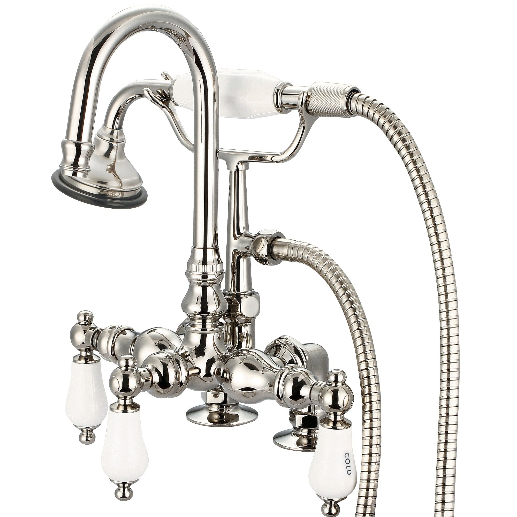 Vintage Classic 3.375 Inch Center Deck Mount Tub Faucet With Gooseneck Spout, 2 Inch Risers & Handheld Shower in Polished Nickel (PVD) Finish With Porcelain Lever Handles, Hot And Cold Labels Included