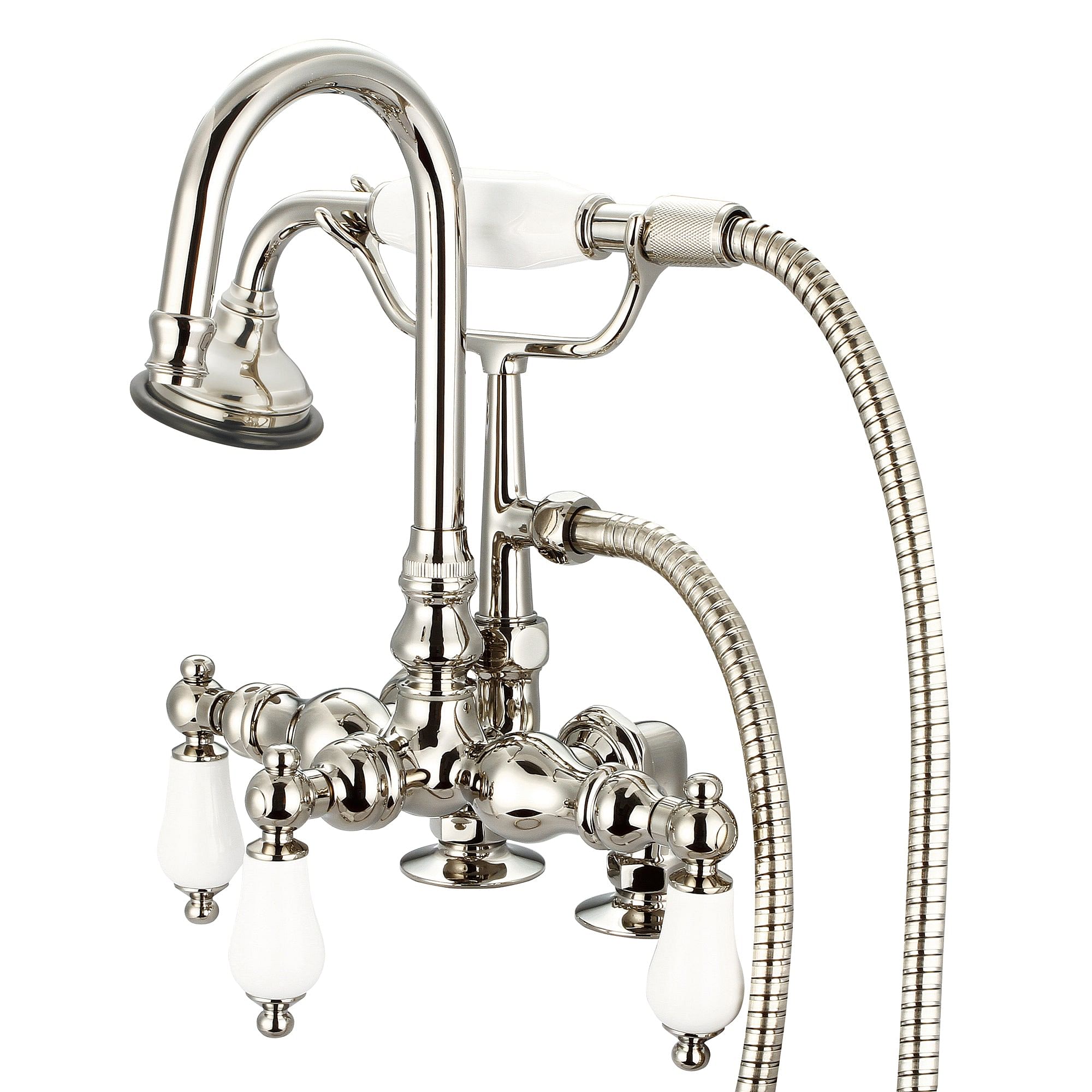 Vintage Classic 3.375 Inch Center Deck Mount Tub Faucet With Gooseneck Spout, 2 Inch Risers & Handheld Shower in Polished Nickel (PVD) Finish With Porcelain Lever Handles Without labels