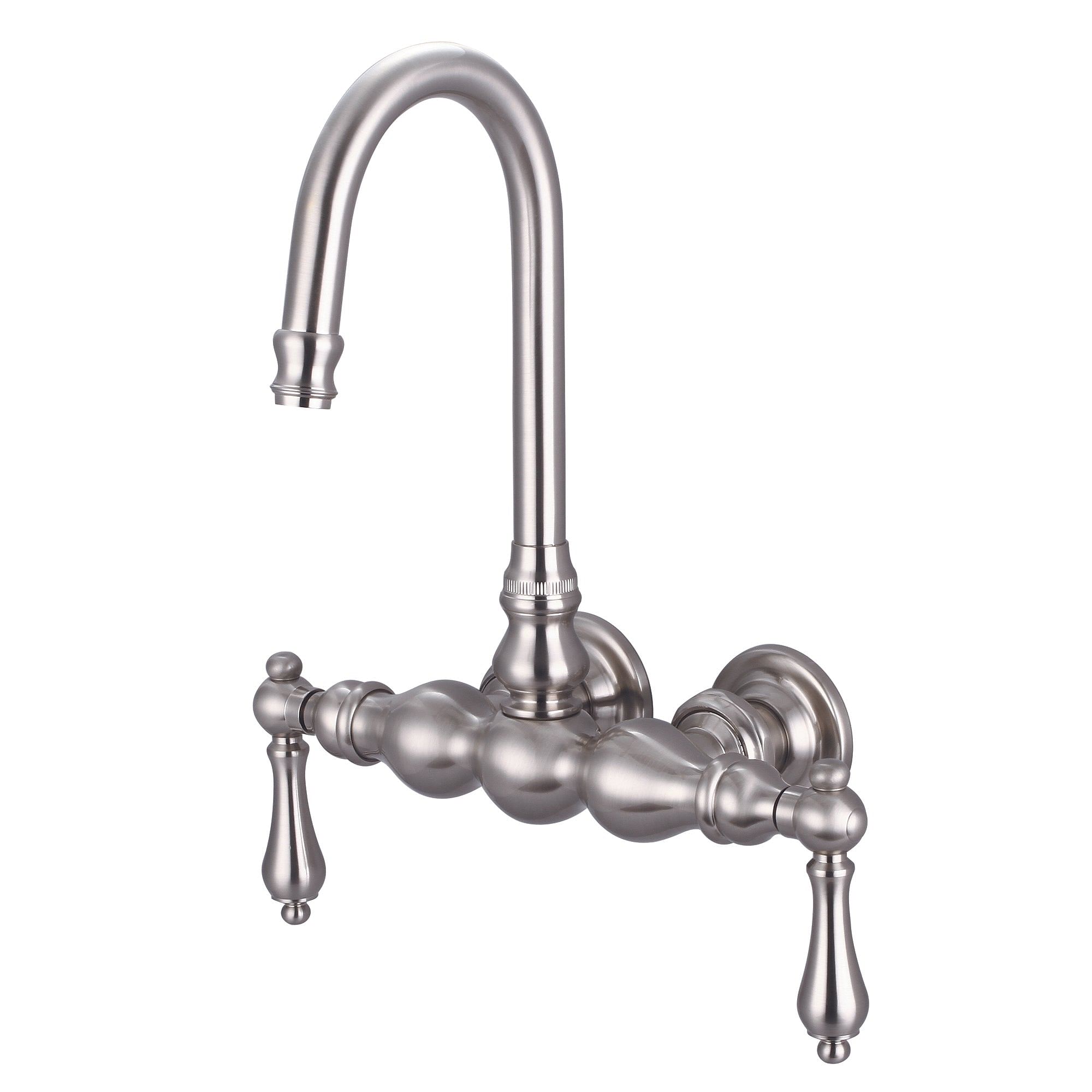 Vintage Classic 3.375 Inch Center Wall Mount Tub Faucet With Gooseneck Spout & Straight Wall Connector in Brushed Nickel Finish With Metal Lever Handles Without Labels