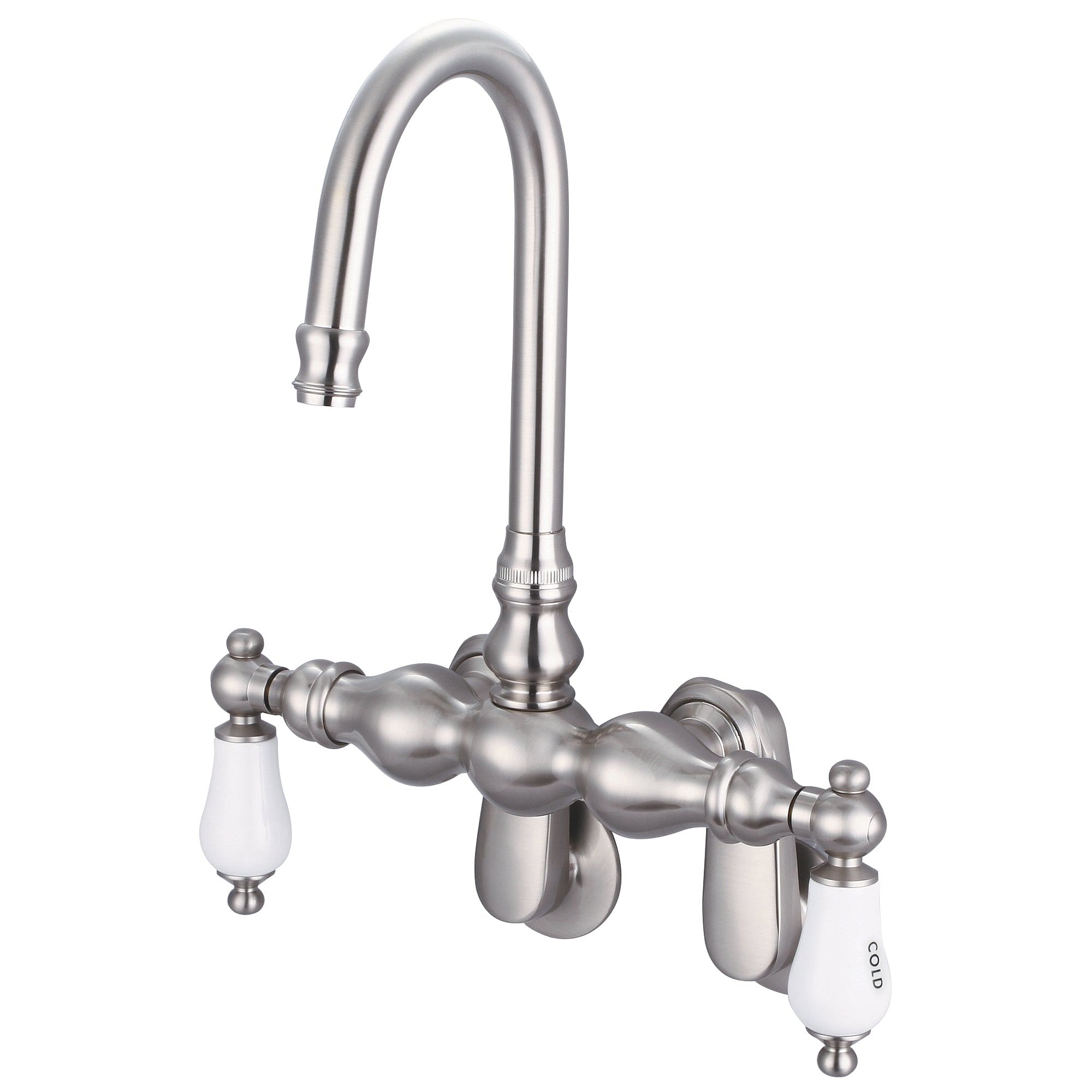 Vintage Classic Adjustable Spread Wall Mount Tub Faucet With Gooseneck Spout & Swivel Wall Connector in Brushed Nickel Finish With Porcelain Lever Handles, Hot And Cold Labels Included