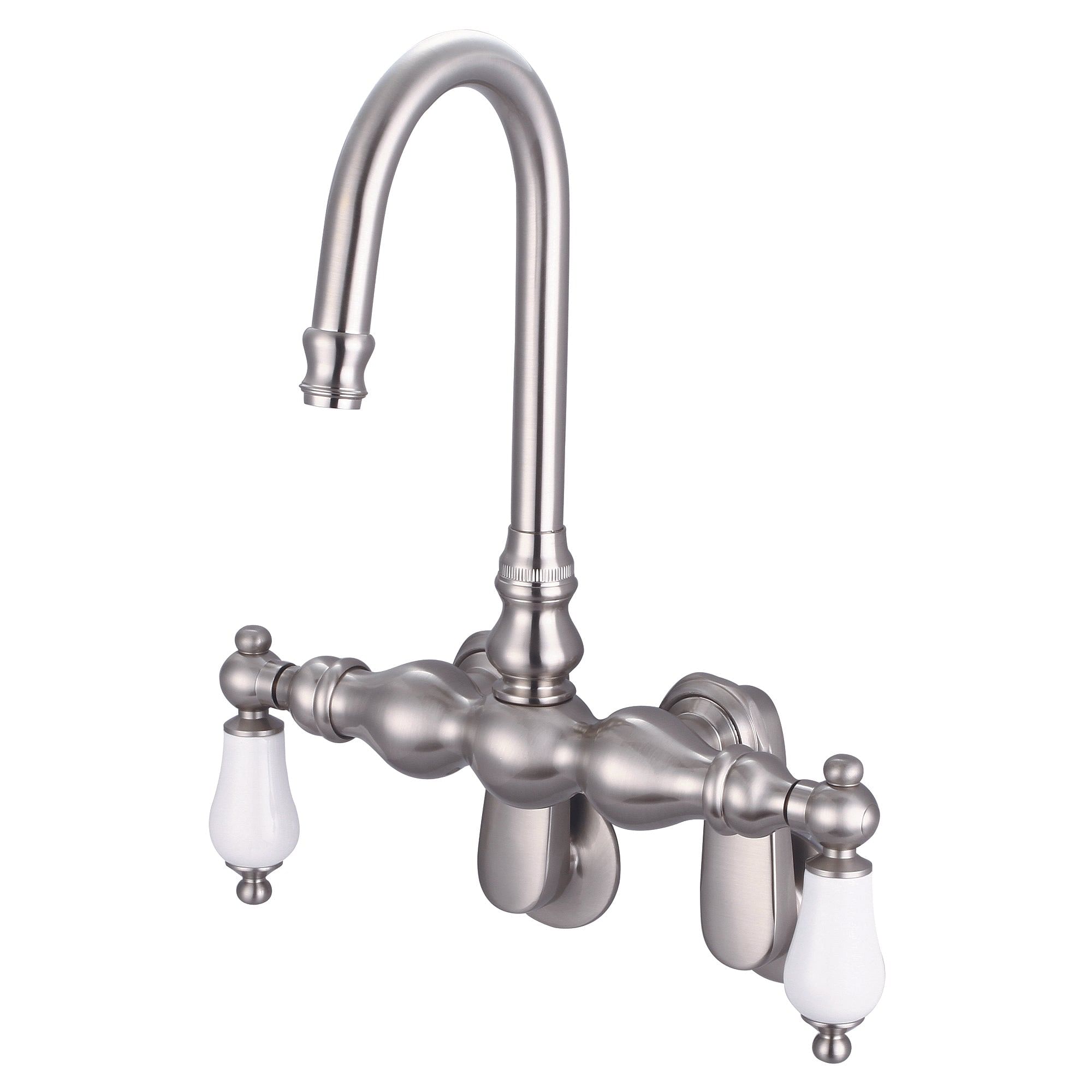 Vintage Classic Adjustable Spread Wall Mount Tub Faucet With Gooseneck Spout & Swivel Wall Connector in Brushed Nickel Finish With Porcelain Lever Handles Without labels