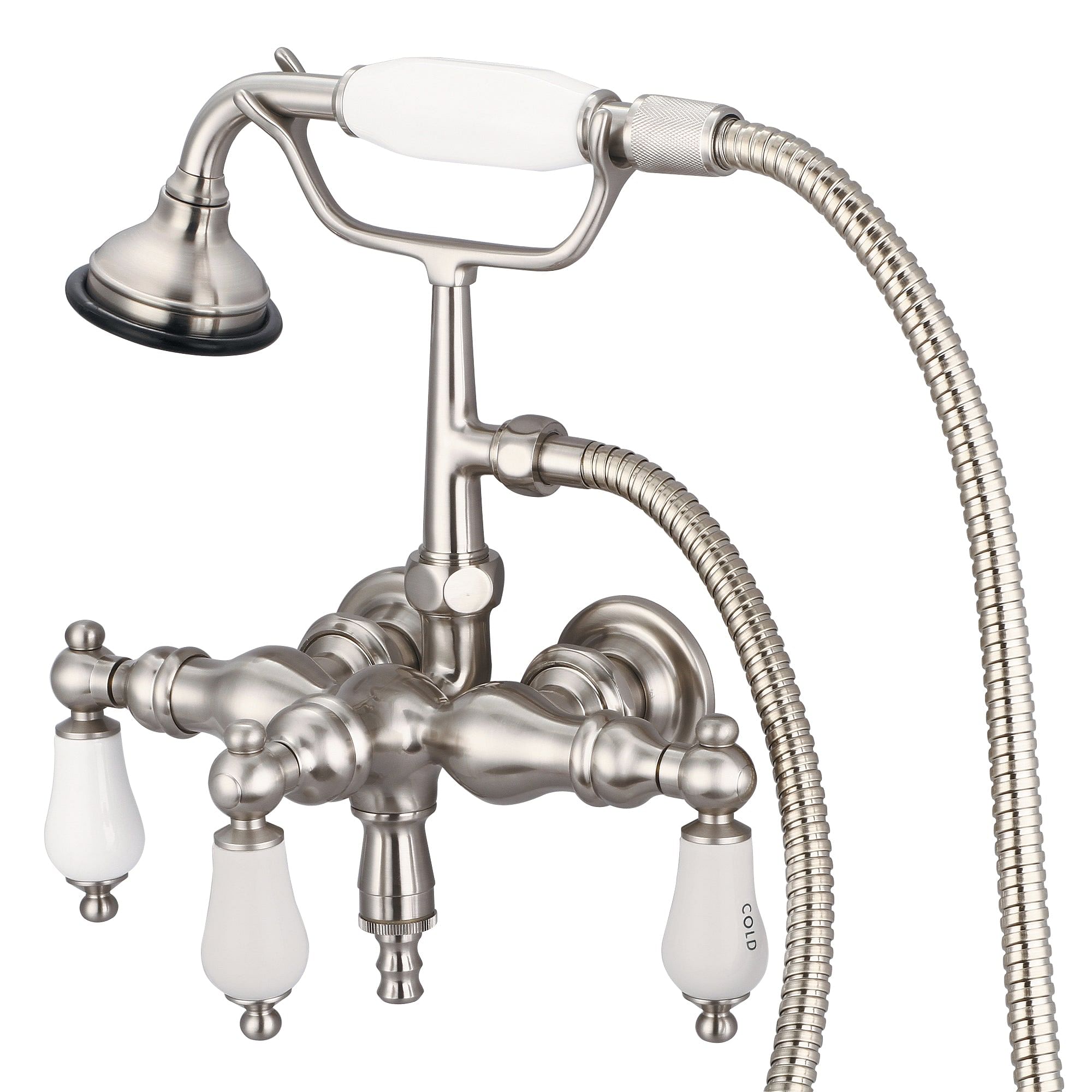 Vintage Classic 3.375 Inch Center Wall Mount Tub Faucet With Down Spout, Straight Wall Connector & Handheld Shower in Brushed Nickel Finish With Porcelain Lever Handles, Hot And Cold Labels Included