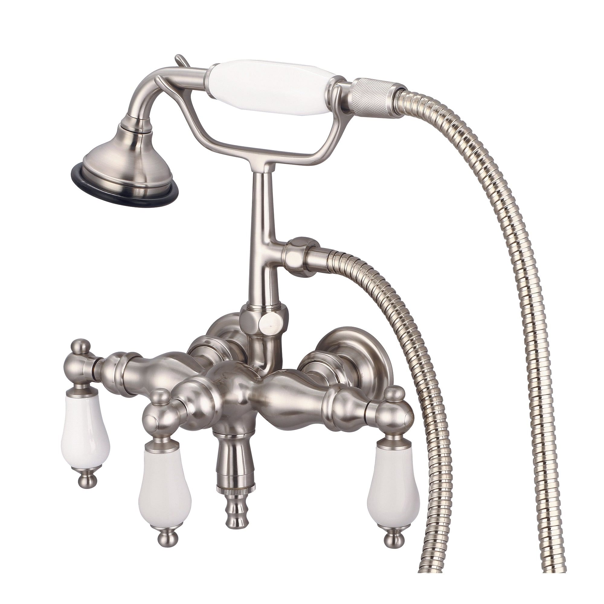 Vintage Classic 3.375 Inch Center Wall Mount Tub Faucet With Down Spout, Straight Wall Connector & Handheld Shower in Brushed Nickel Finish With Porcelain Lever Handles Without labels