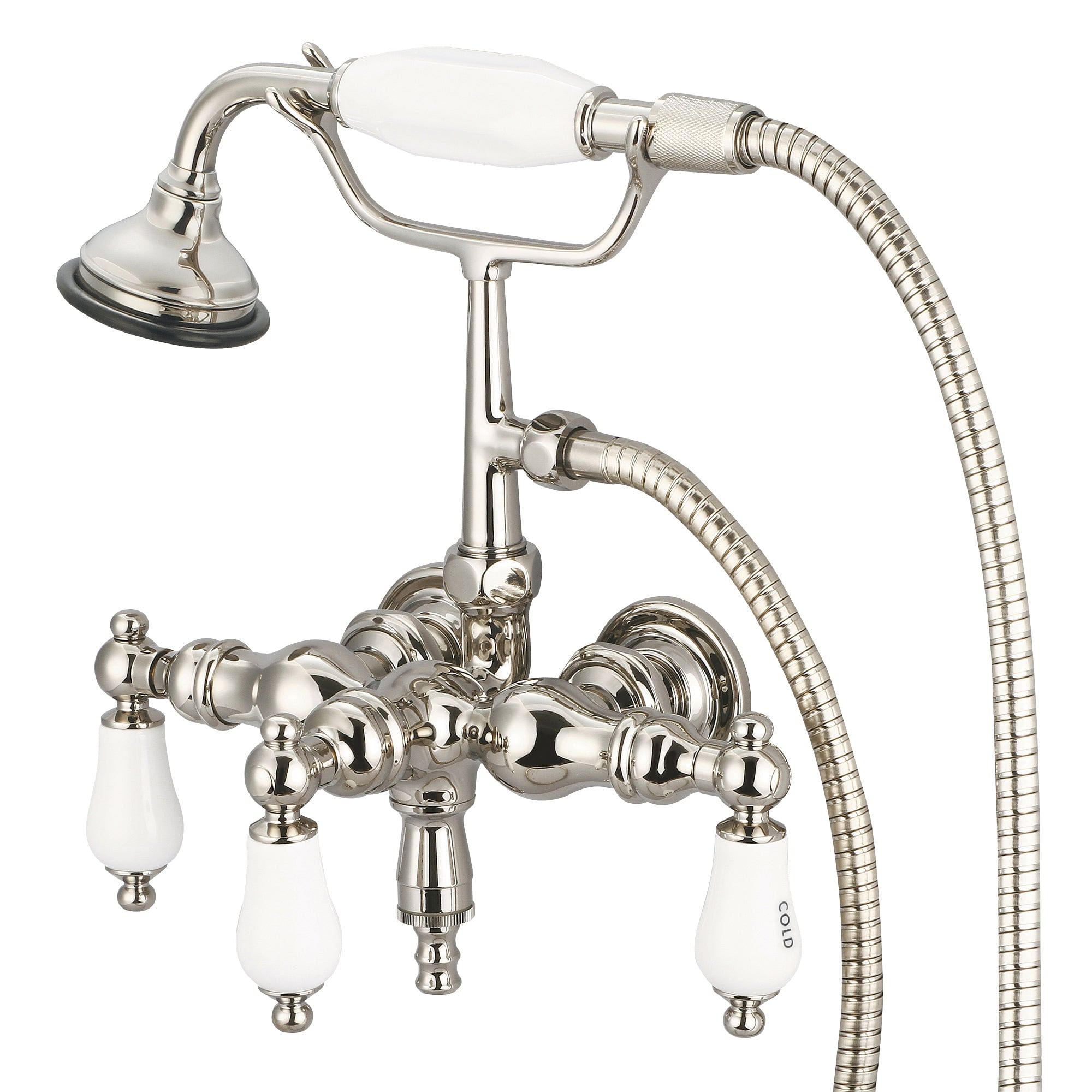 Vintage Classic 3.375 Inch Center Wall Mount Tub Faucet With Down Spout, Straight Wall Connector & Handheld Shower in Polished Nickel (PVD) Finish With Porcelain Lever Handles, Hot And Cold Labels Included