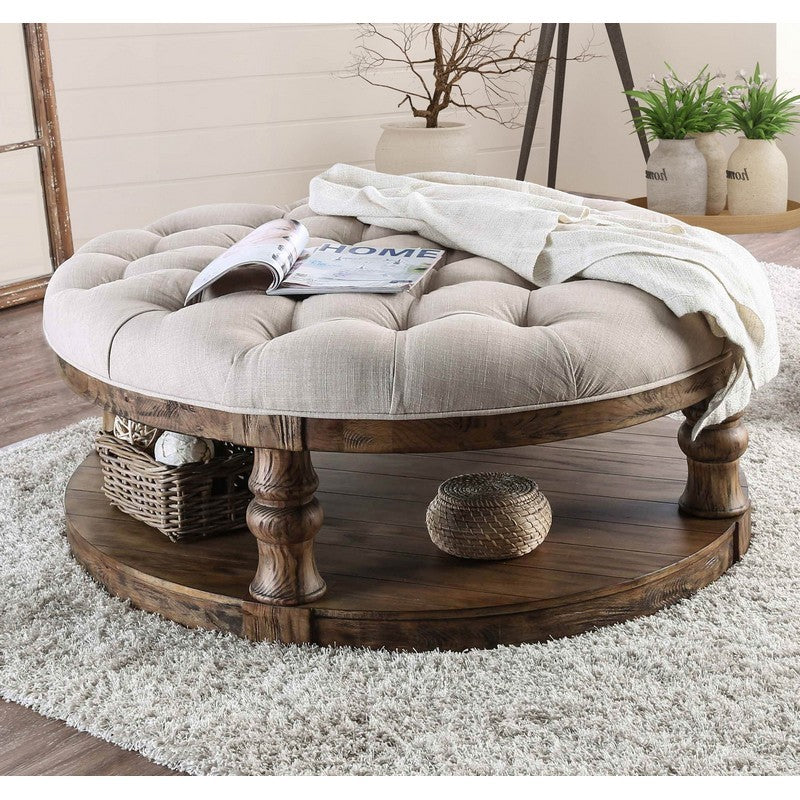 Cintra Rustic Tufted Cushion Top Coffee Table in Antique Oak