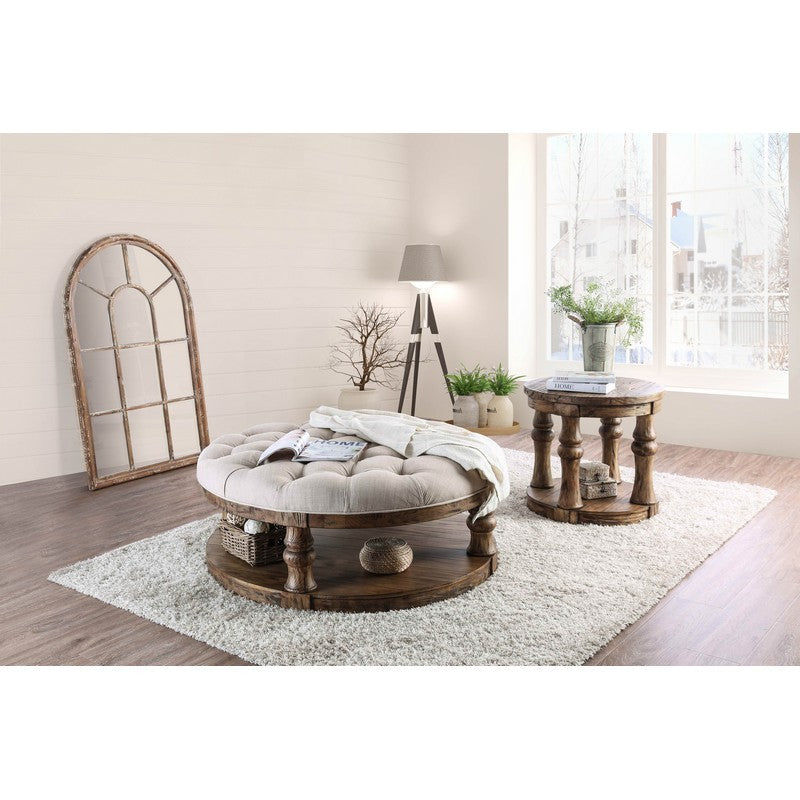 Cintra Rustic Tufted Cushion Top Coffee Table in Antique Oak