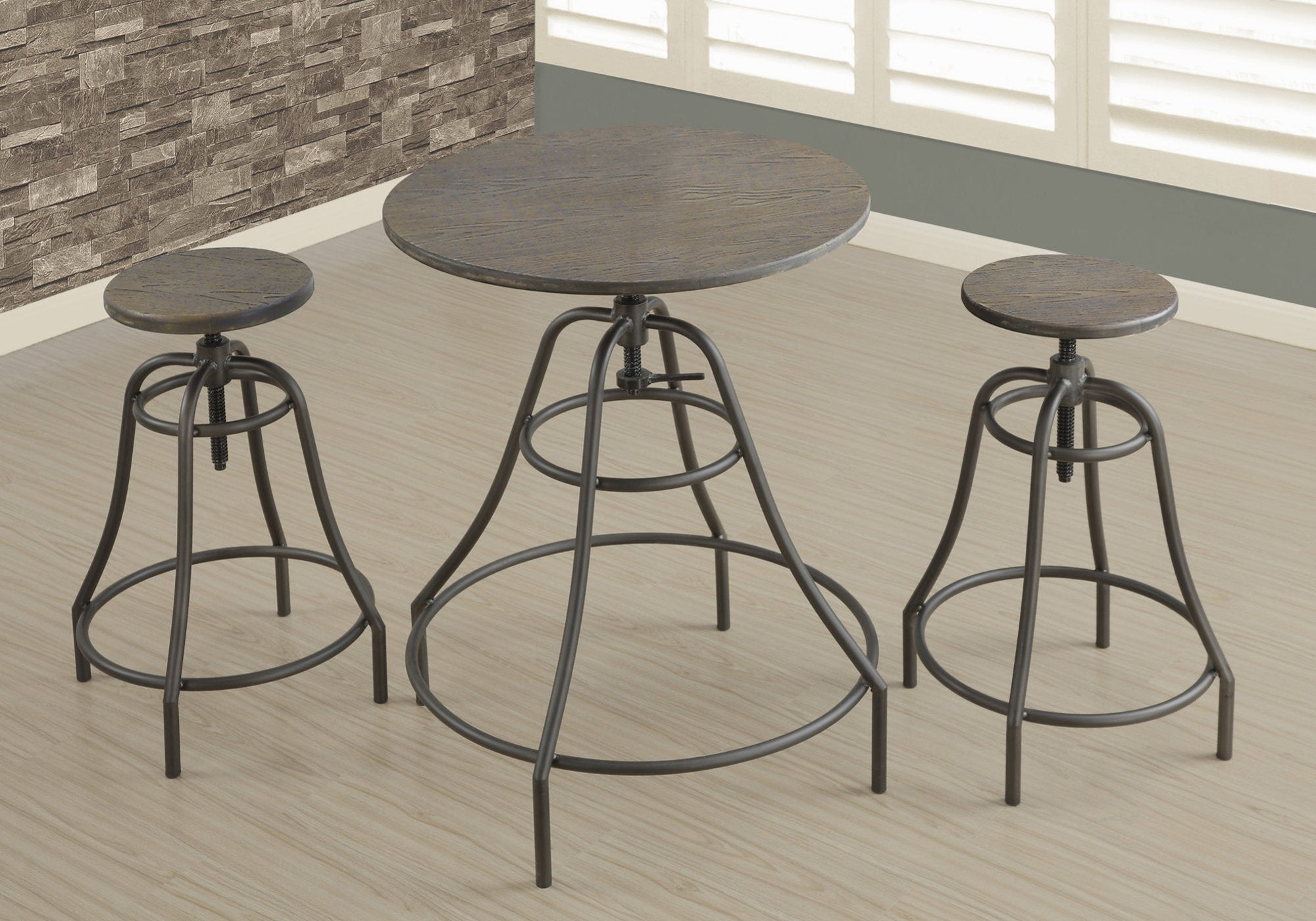 Dining Set - 3Pcs Set / Distressed Brown / Bronze Metal