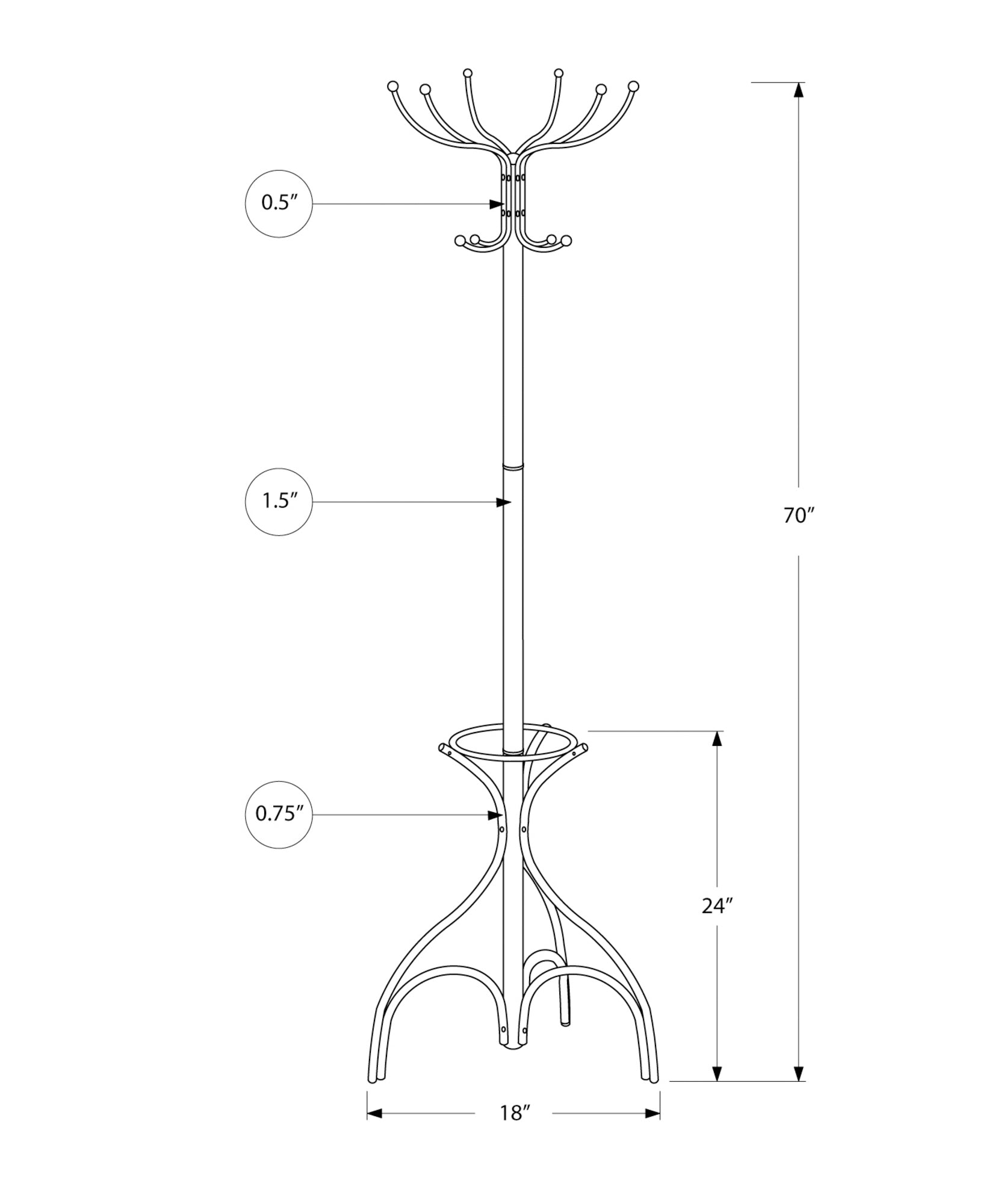 Coat Rack - 70H / Black Metal With An Umbrella Holder