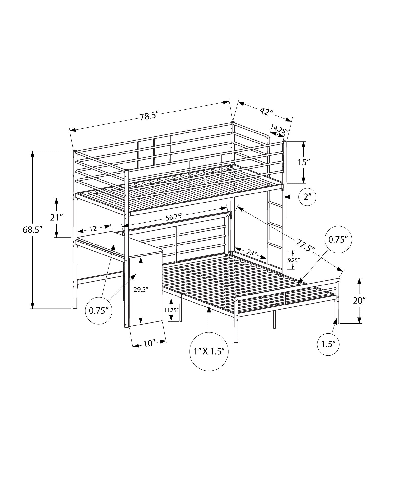 Bunk Bed - Twin / Full Size - Grey Desk / Grey Metal