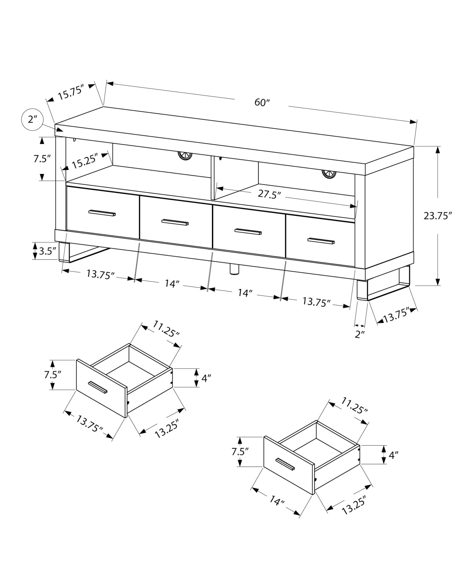 Tv Stand - 60L / Dark Taupe With 4 Drawers