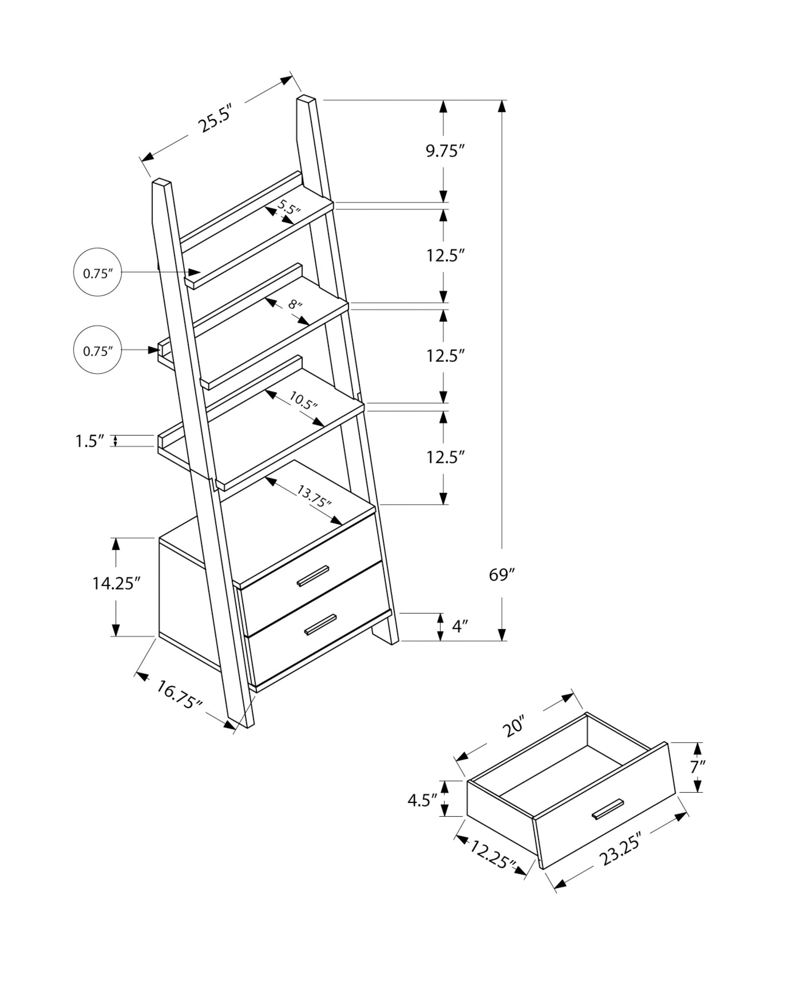 Bookcase - 69H / Espresso Ladder W/ 2 Storage Drawers