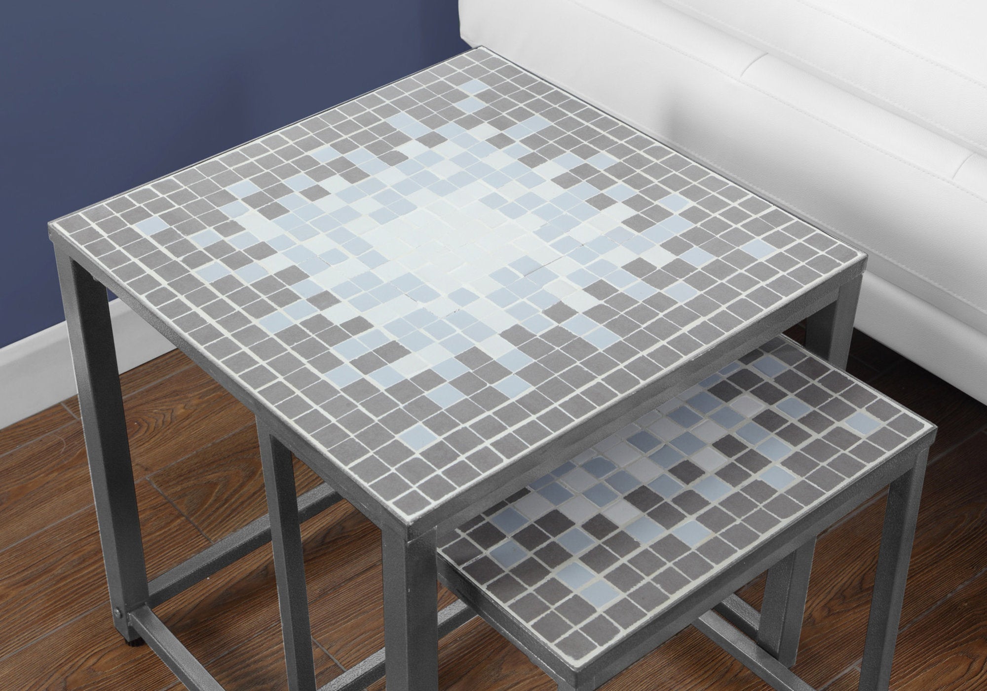 Nesting Table - 2Pcs Set / Grey / Blue Tile Top / Silver