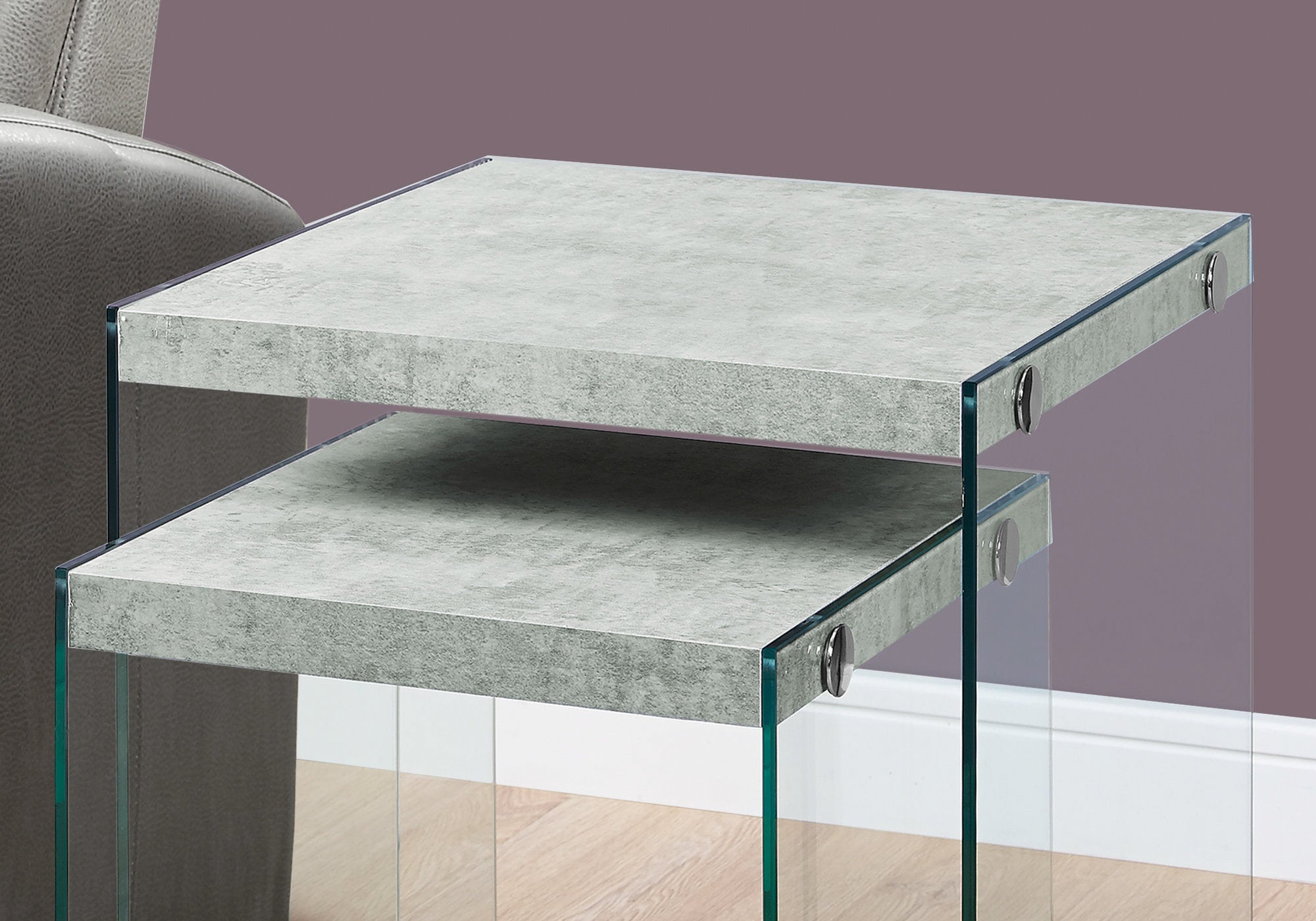 Nesting Table - 2Pcs Set / Grey Cement / Tempered Glass