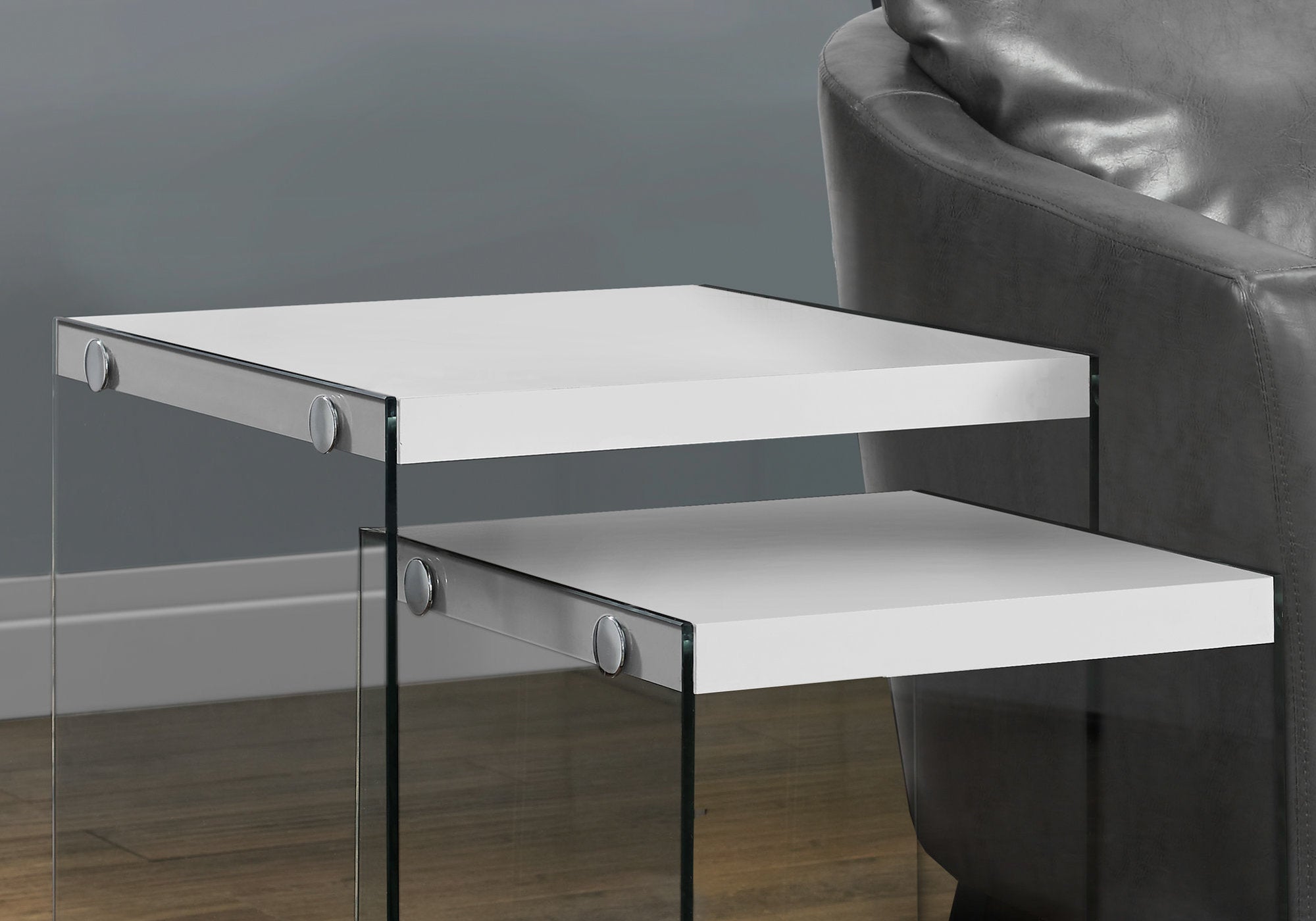 Nesting Table - 2Pcs Set / Glossy White / Tempered Glass