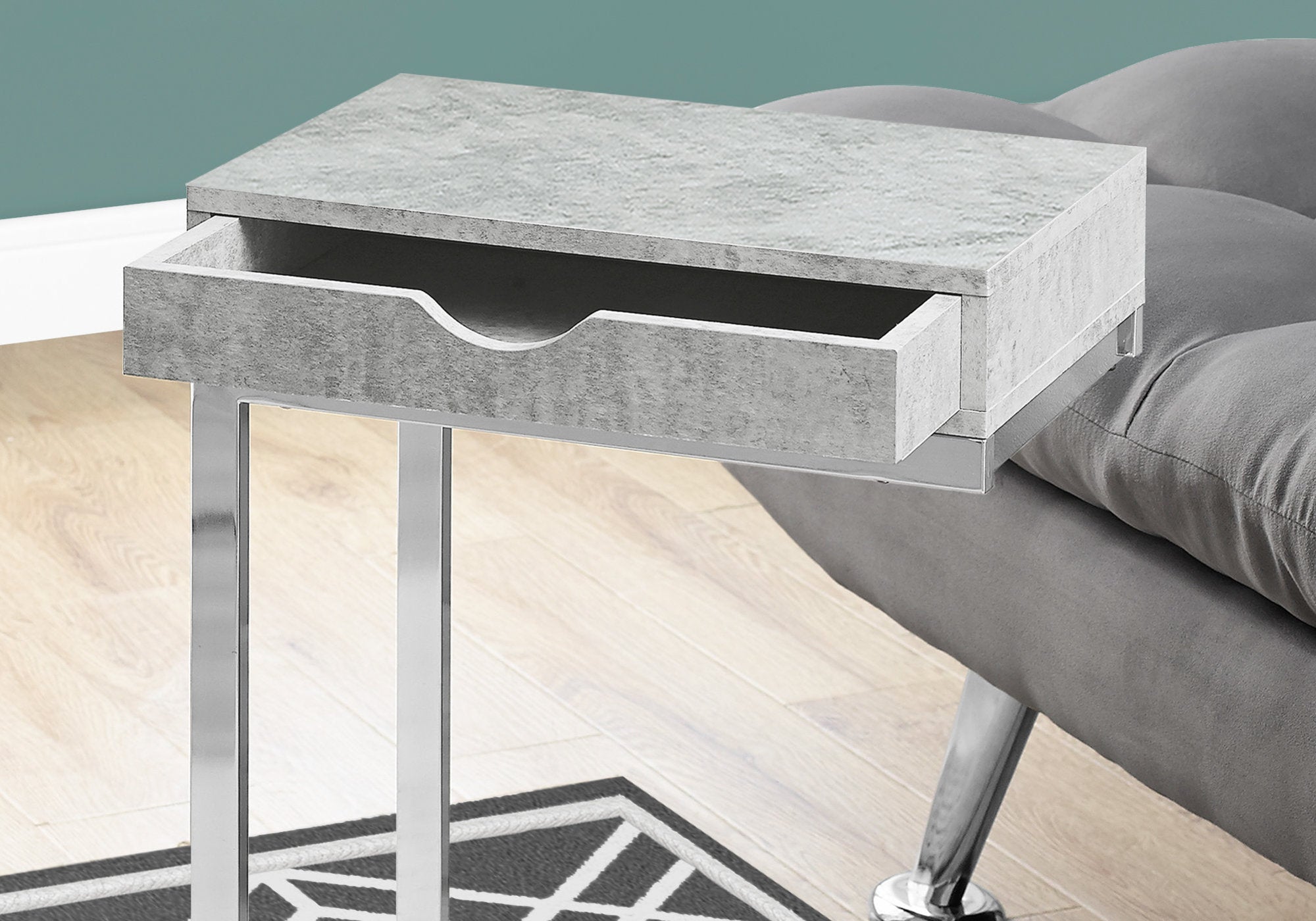 Accent Table - Chrome Metal / Grey Cement With A Drawer