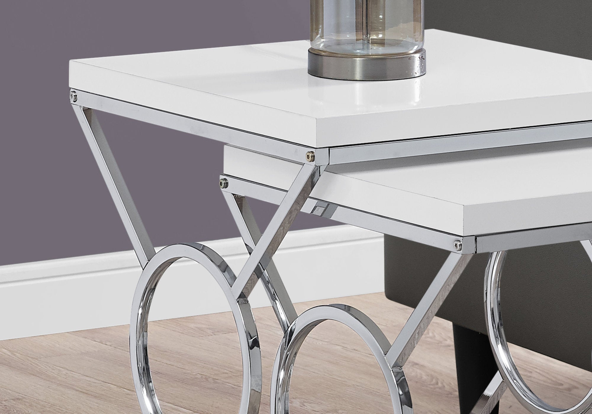 Nesting Table - 2Pcs Set / Glossy White / Chrome Metal