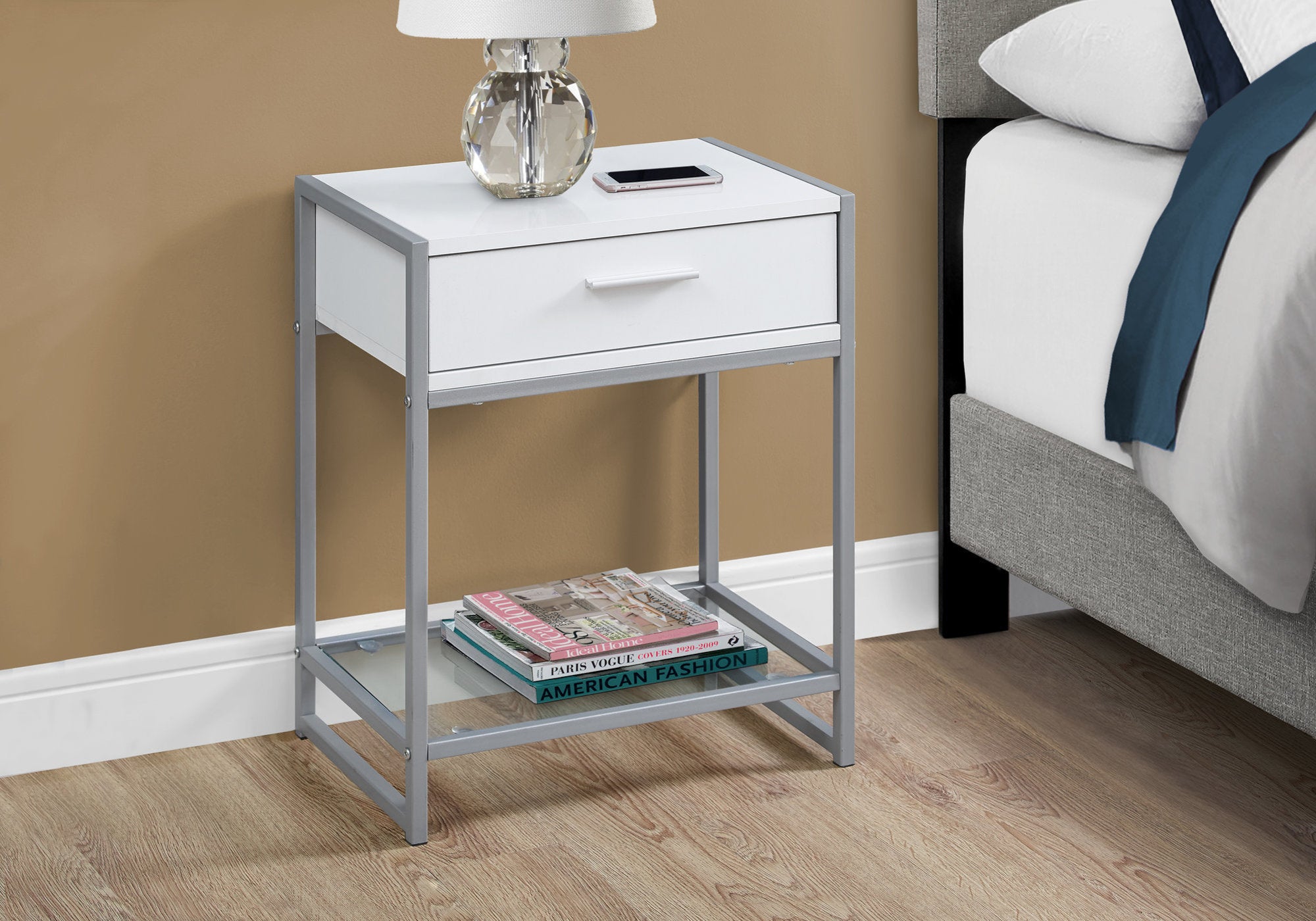 Accent Table - 22H / White/ Silver Metal/ Tempered Glass