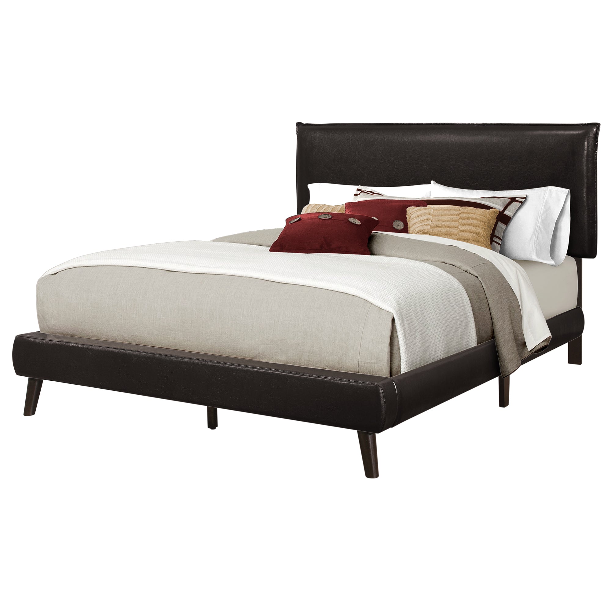 Bed - Queen Size / Brown Leather-Look With Wood Legs