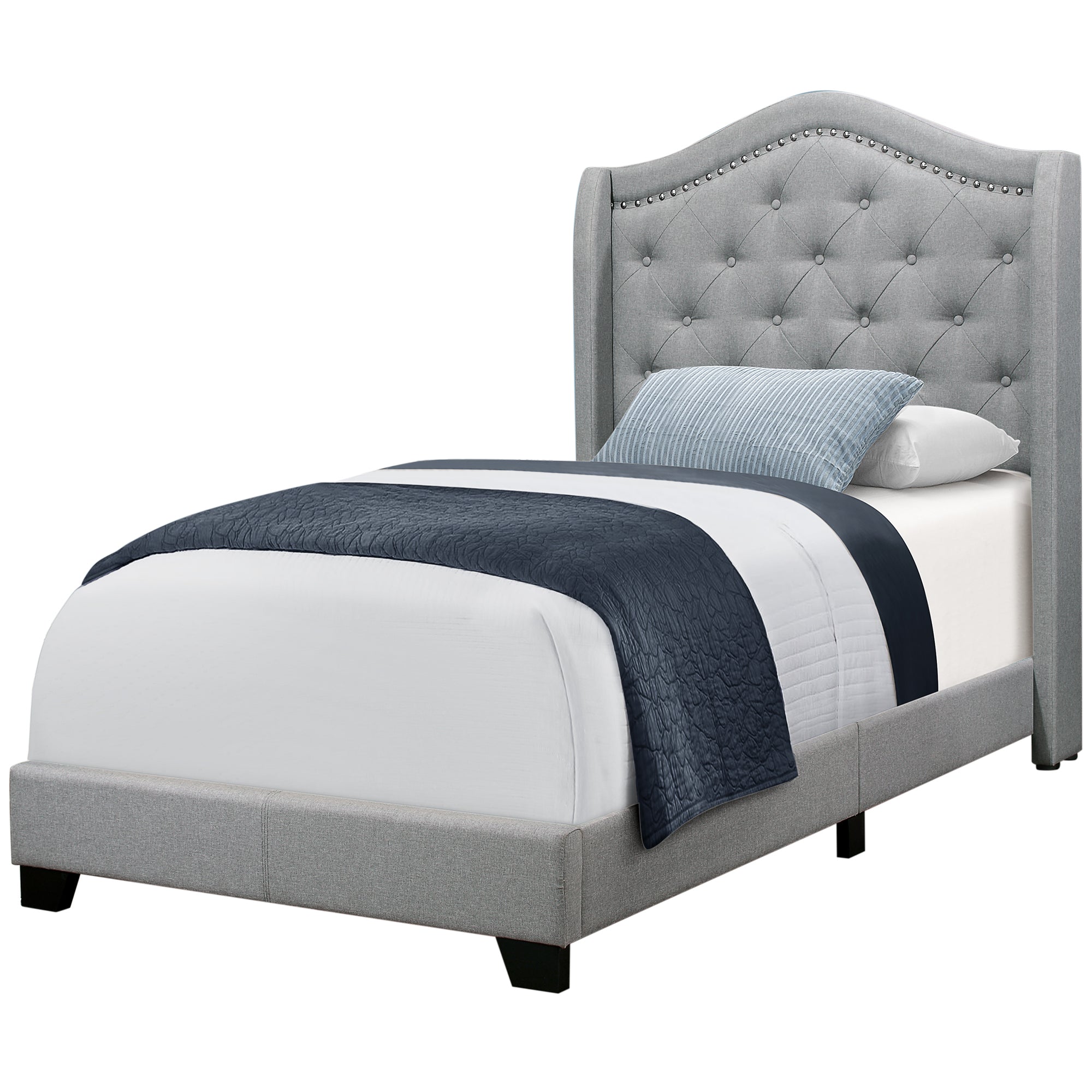 Bed - Twin Size / Grey Linen With Chrome Trim
