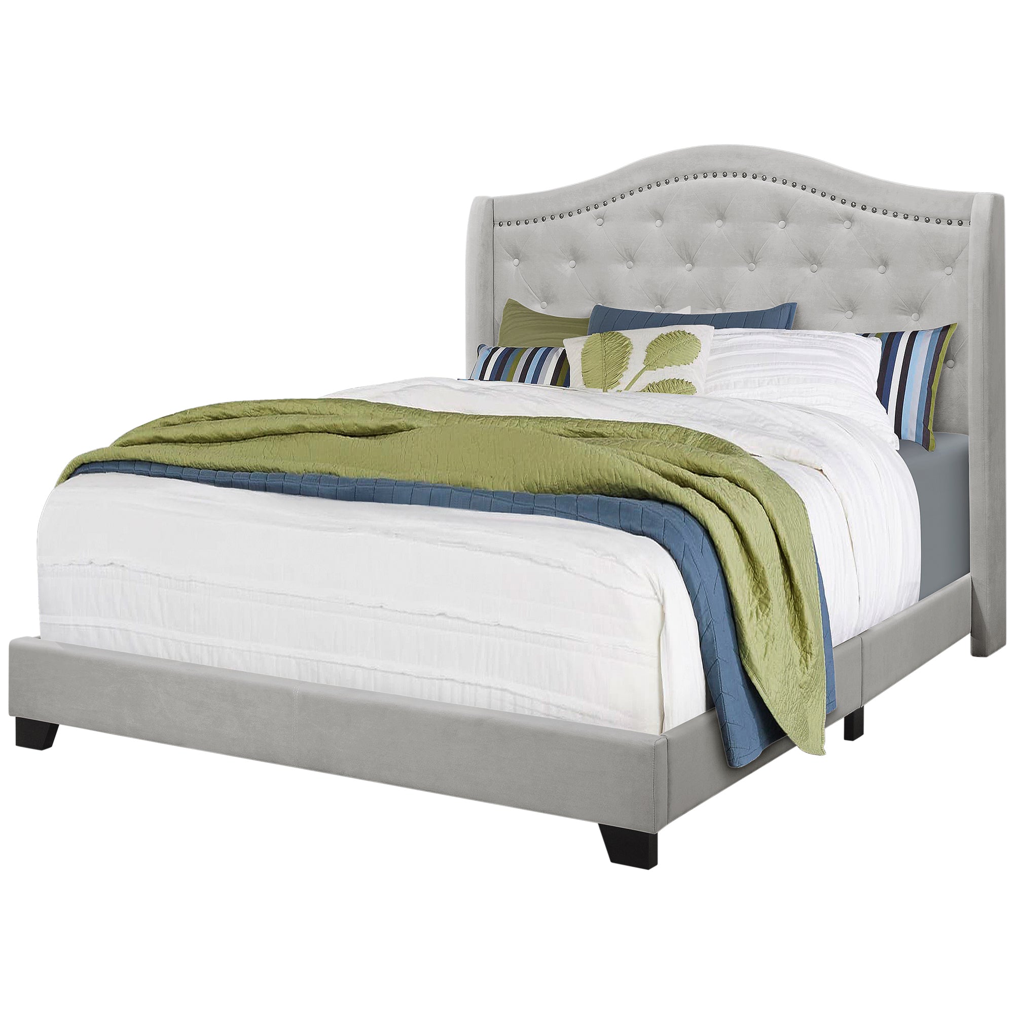 Bed - Queen Size / Light Grey Velvet With Chrome Trim