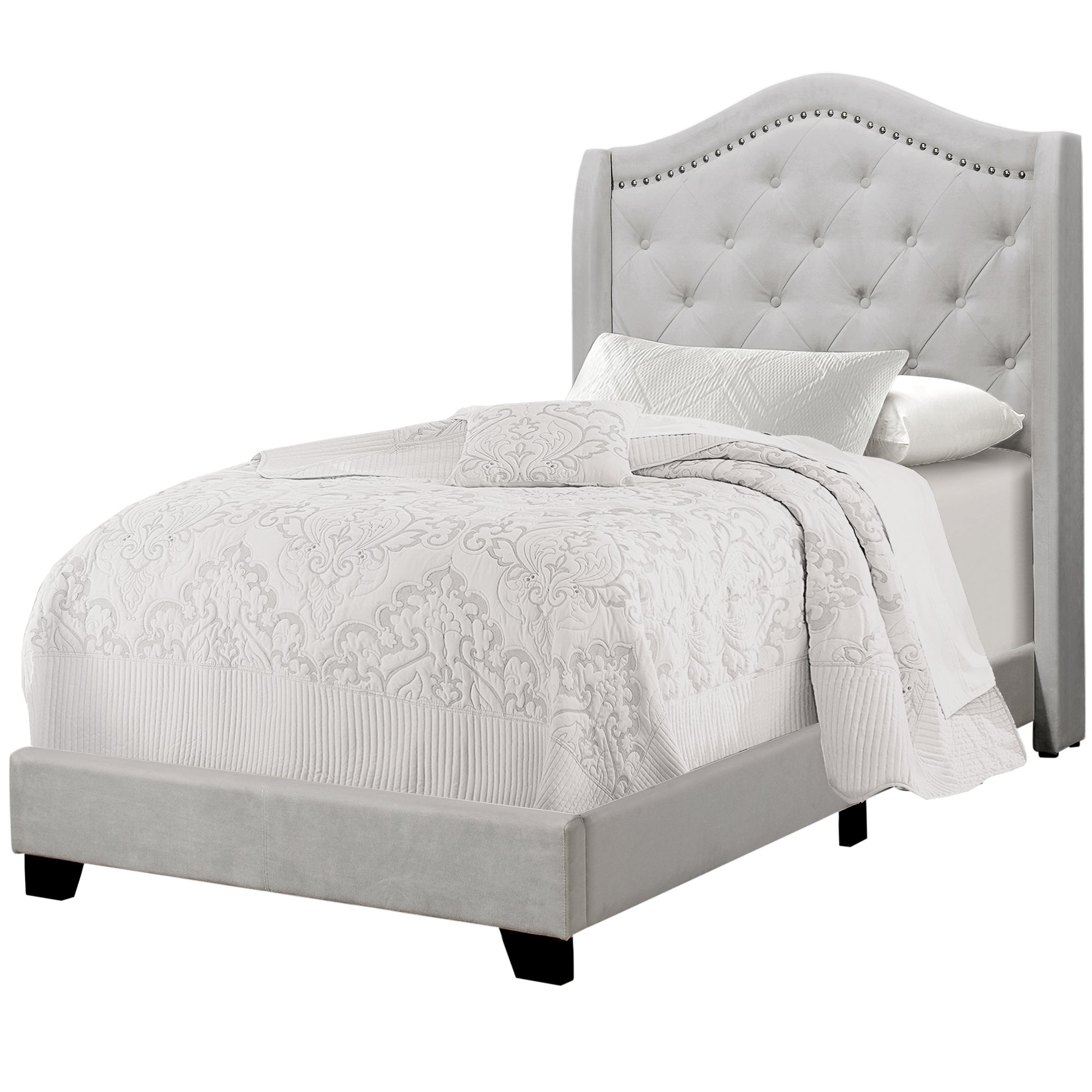 Bed - Twin Size / Light Grey Velvet With Chrome Trim