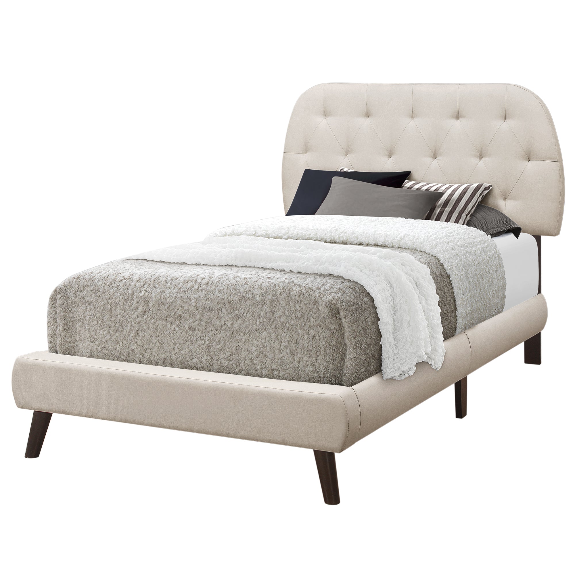 Bed - Twin Size / Beige Linen With Brown Wood Legs