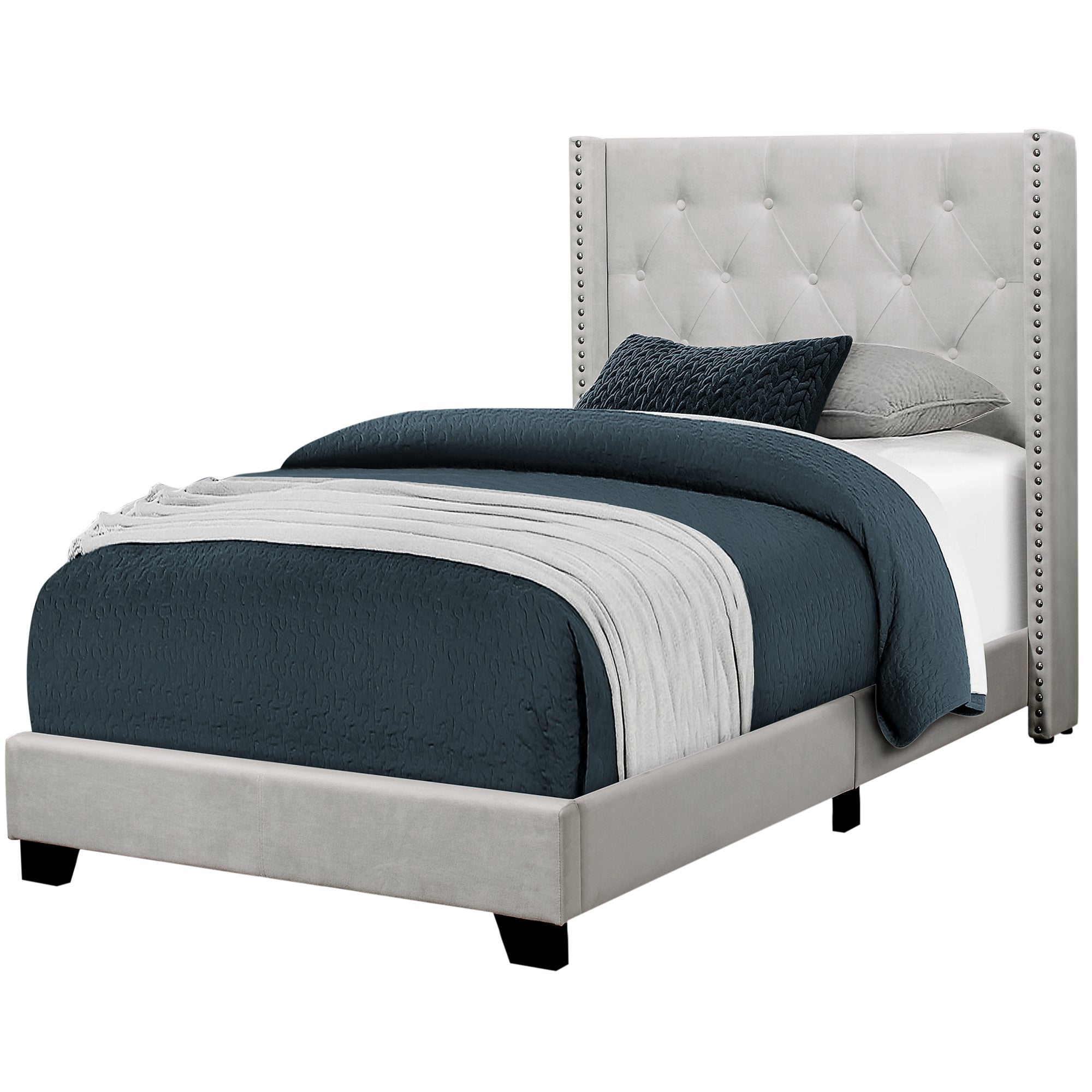 Bed - Twin Size / Light Grey Velvet With Chrome Trim