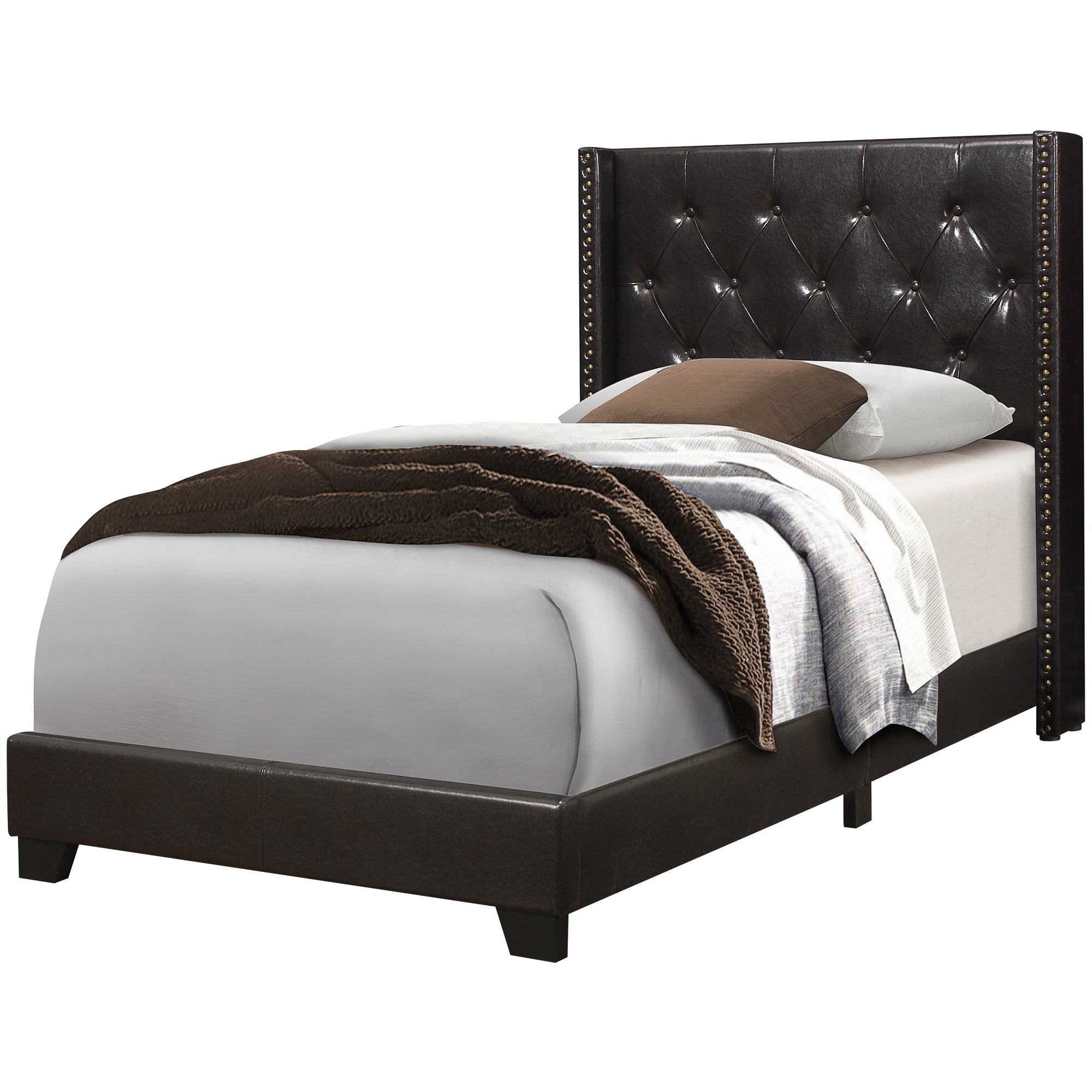 Bed - Twin Size / Brown Leather-Look With Brass Trim