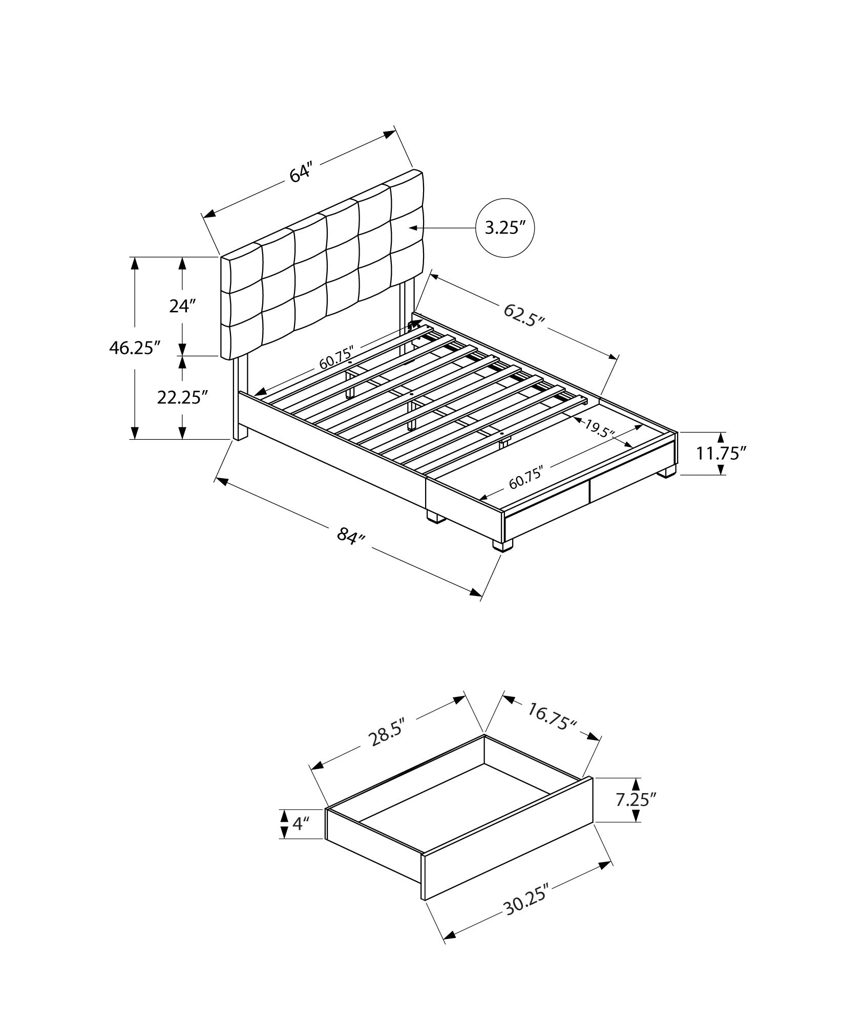 Bed - Queen Size / Dark Grey Linen With 2 Storage Drawers