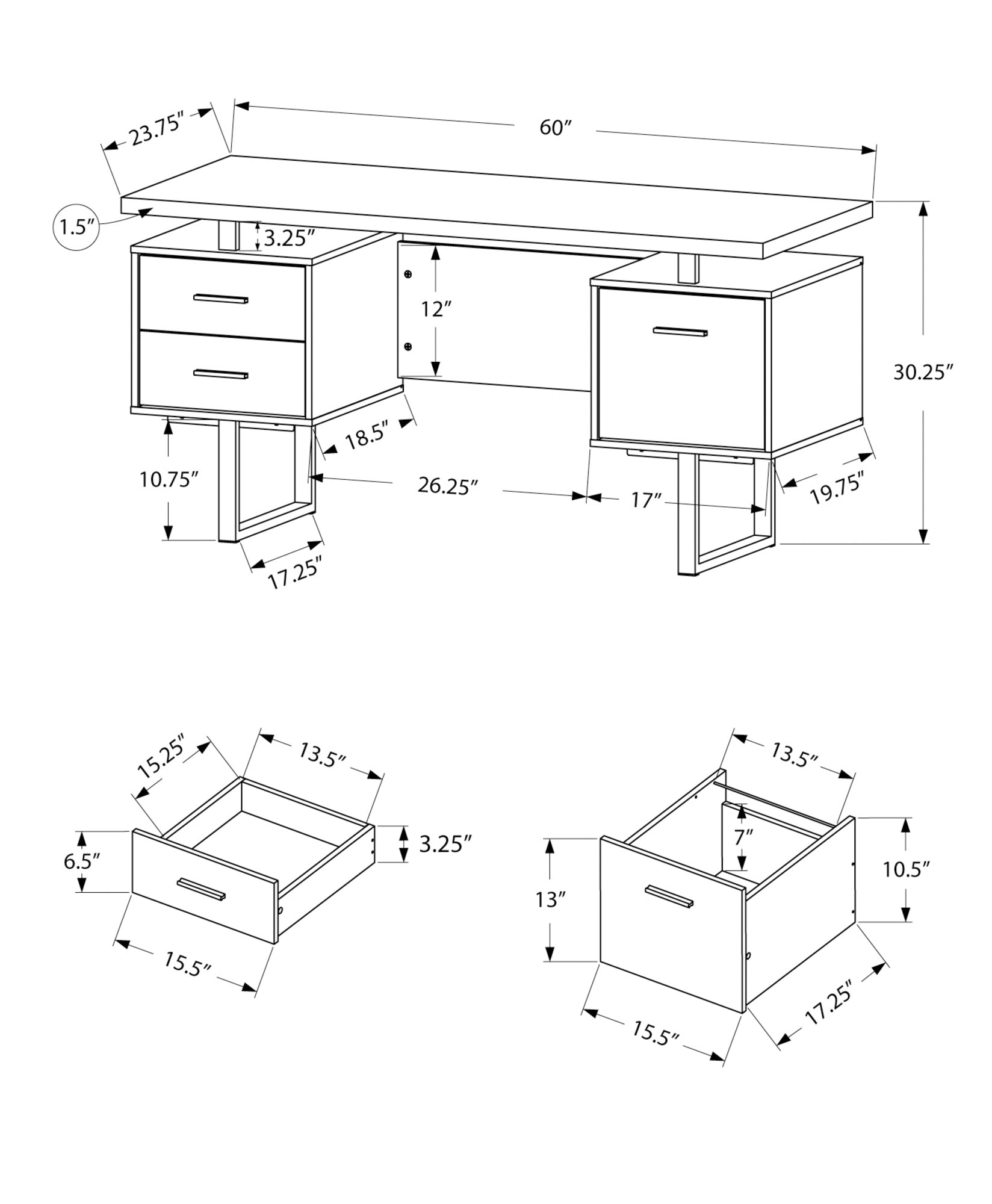 Computer Desk - 60L / Walnut / Silver Metal