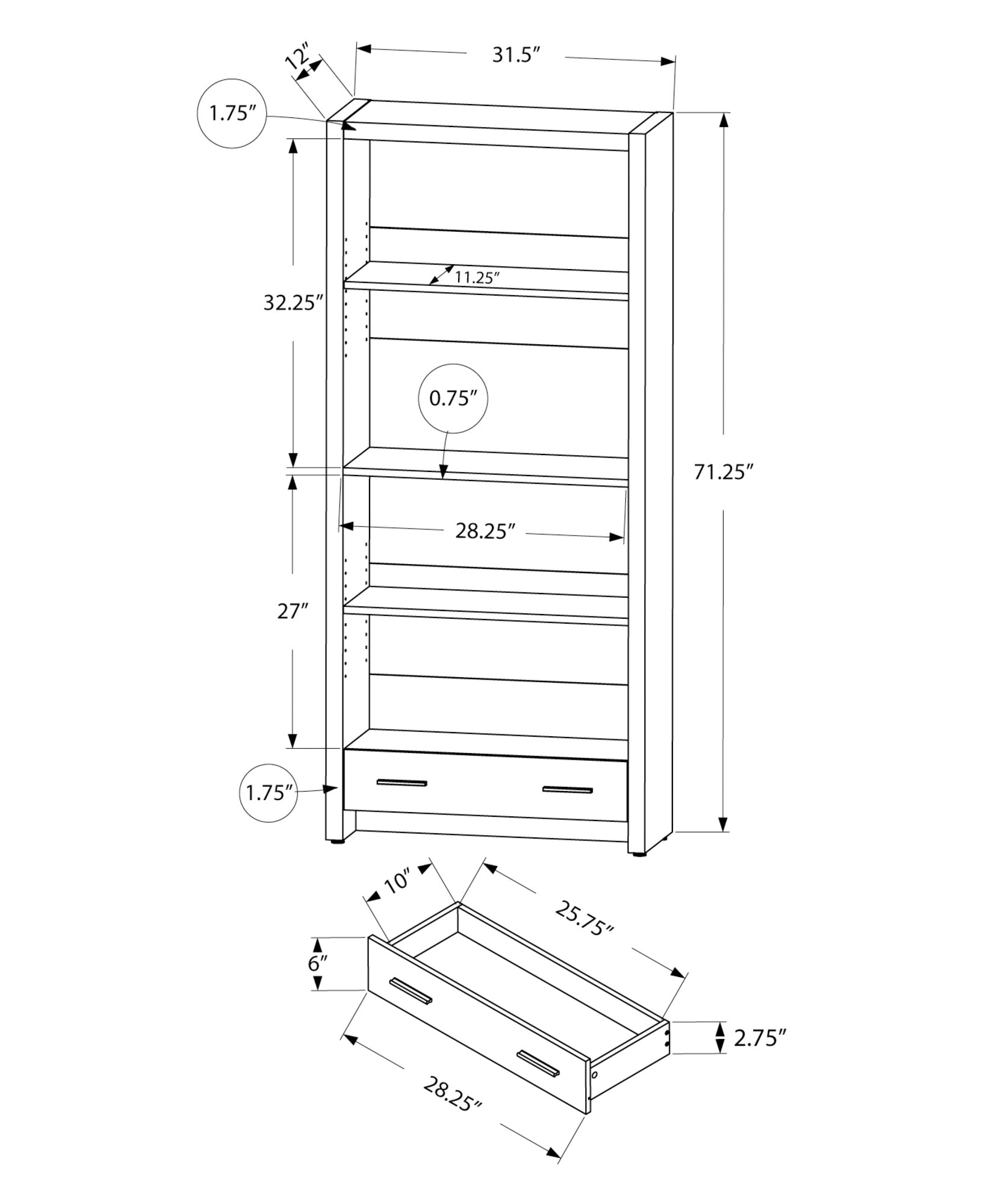 Bookcase - 71H / Dark Taupe With A Storage Drawer