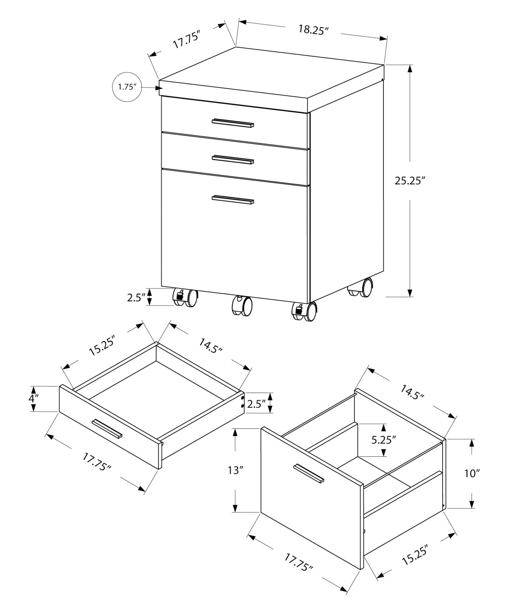 Filing Cabinet - 3 Drawer / Black / Grey On Castors