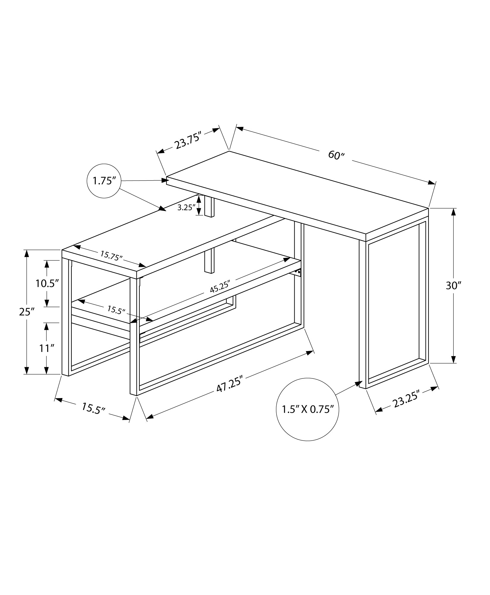 Computer Desk - 60L / Concrete / Silver Metal L/R Corner