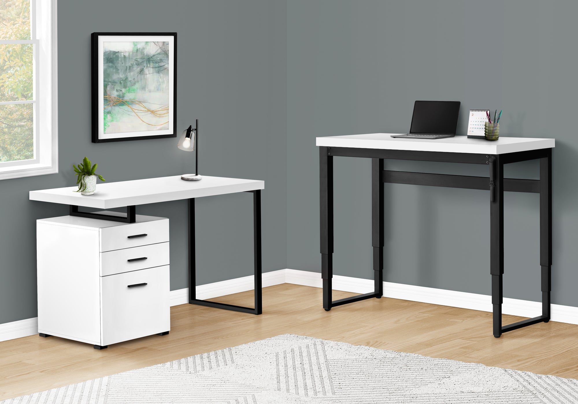 Computer Desk - 48L / White / Adj.Height/ Black Metal