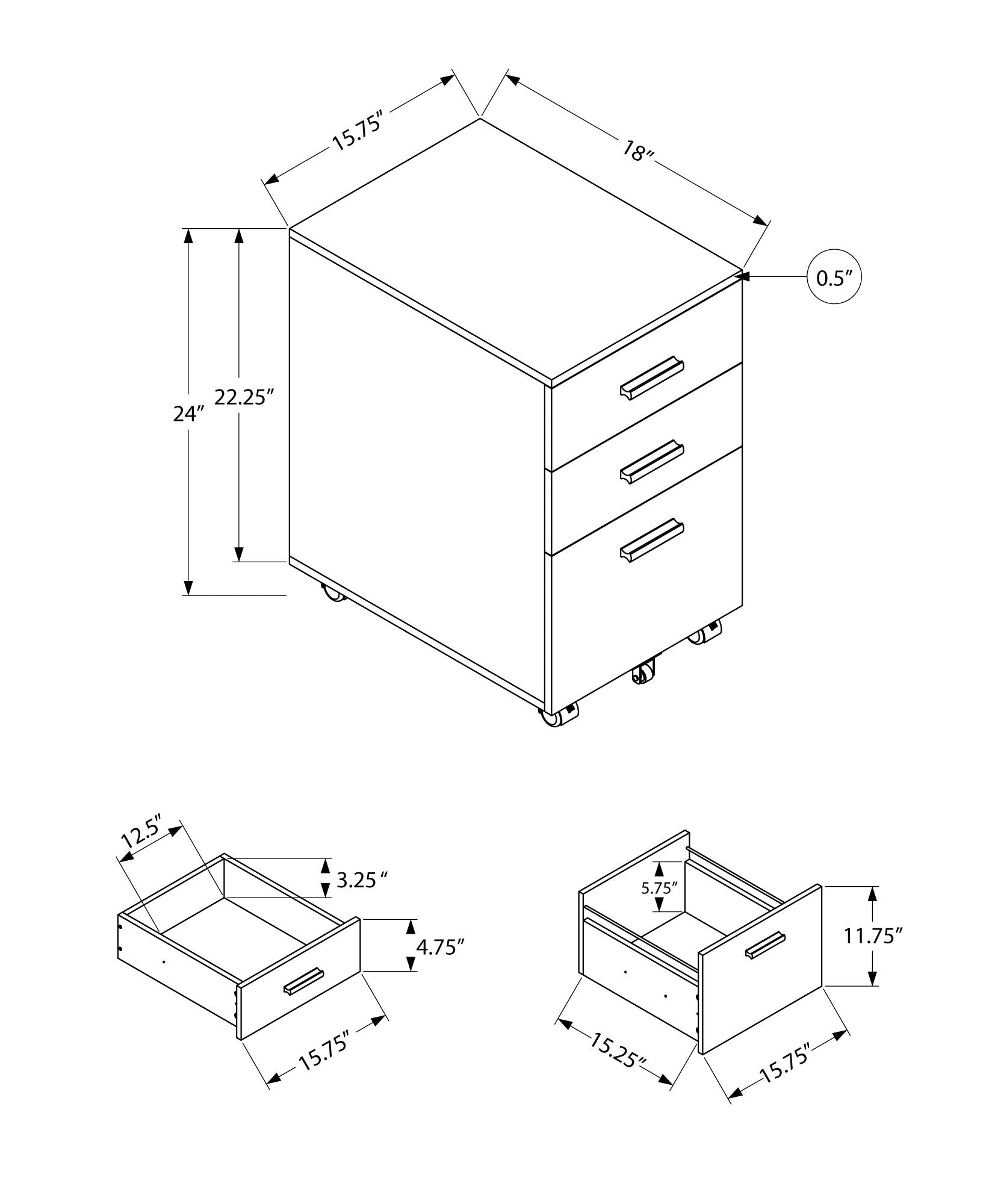 Filing Cabinet - 3 Drawer / Black On Castors