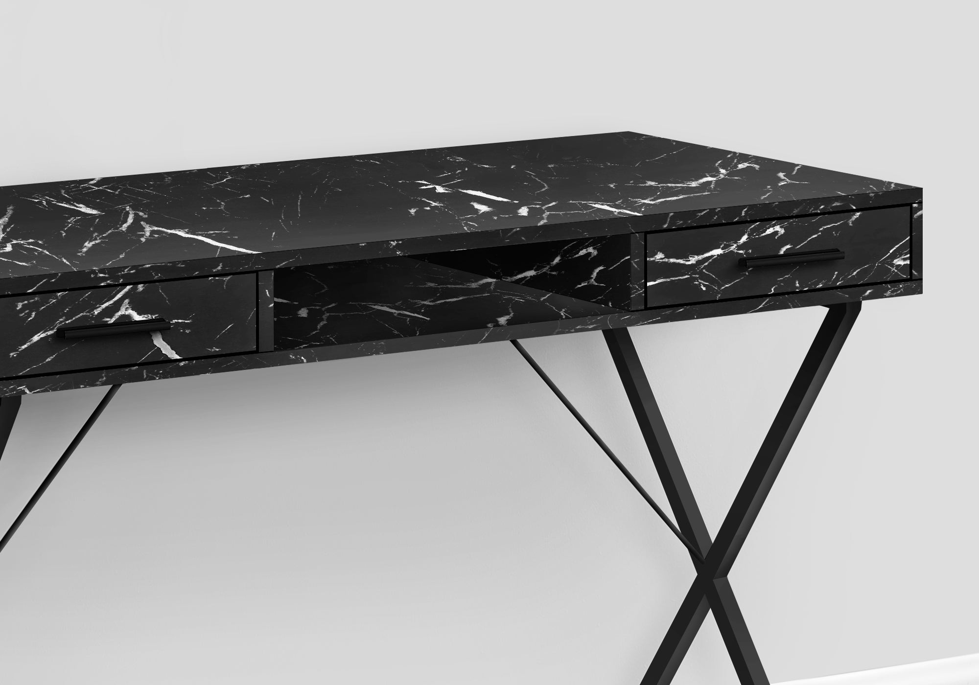 Computer Desk - 42L / Black Marble / Black Metal